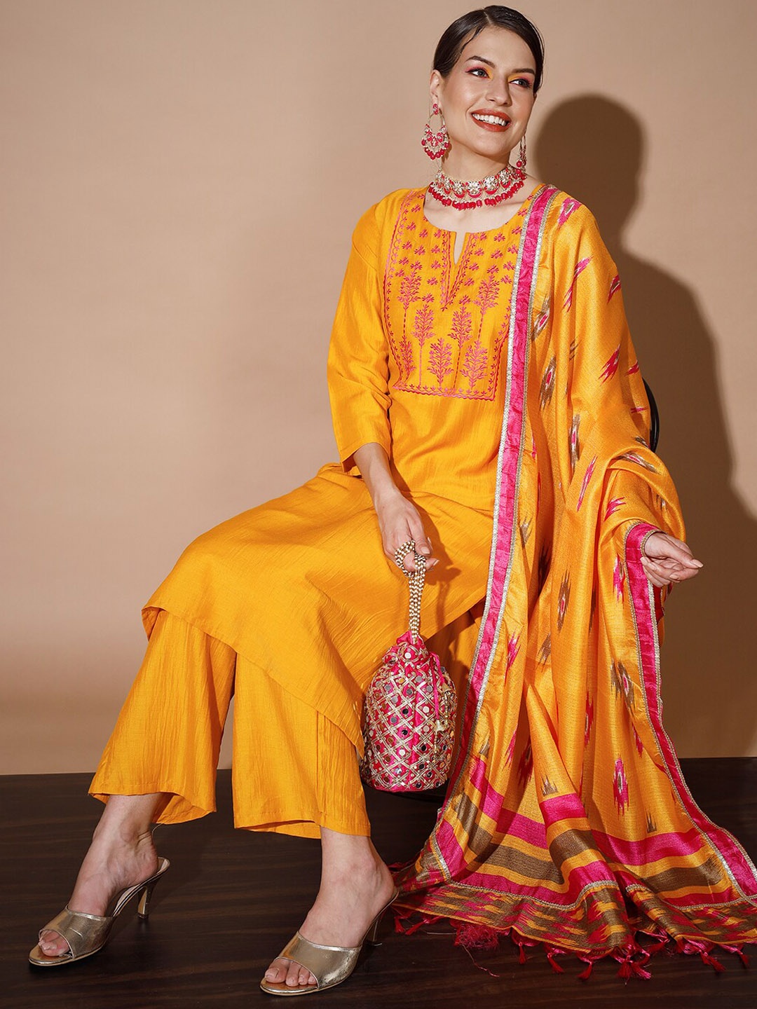 

Sangria Ethnic Motifs Embroidered Kurta & Palazzos With Dupatta, Mustard