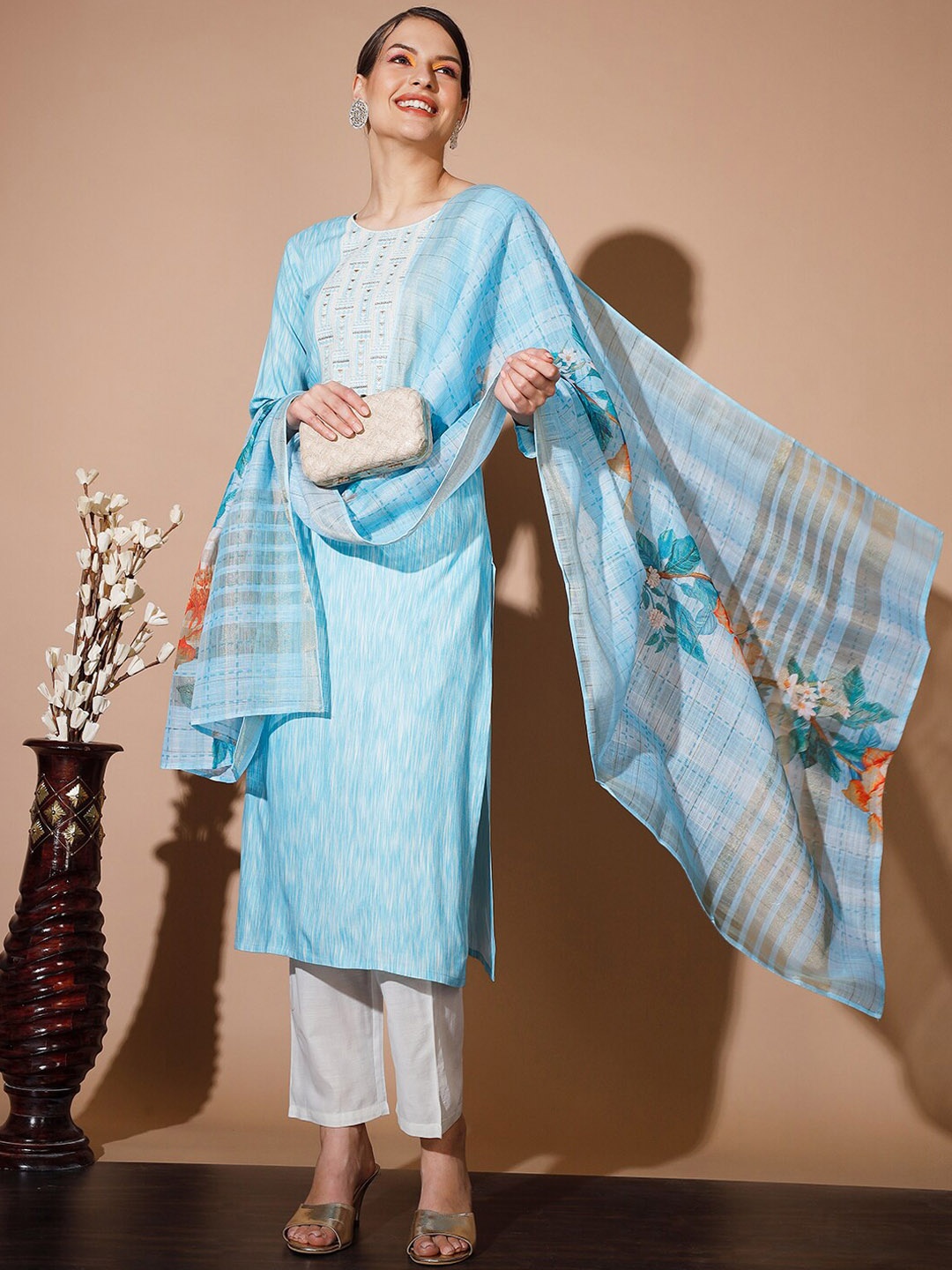 

Sangria Blue Yoke Design Embroidered Pure Cotton Printed Kurta & Trousers With Dupatta