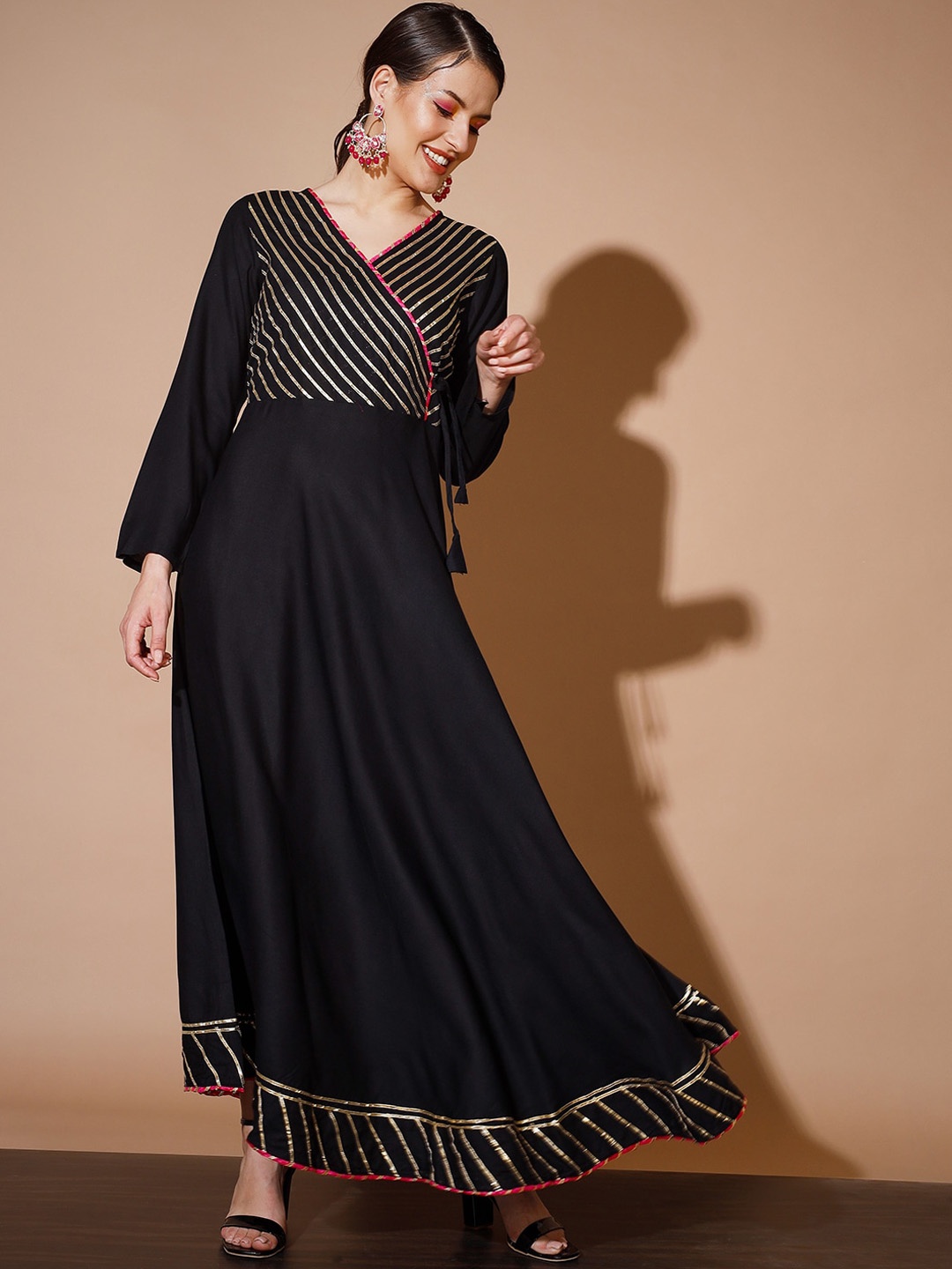 

Sangria V-Neck Gotta Patti Anarkali Empire Kurta, Black