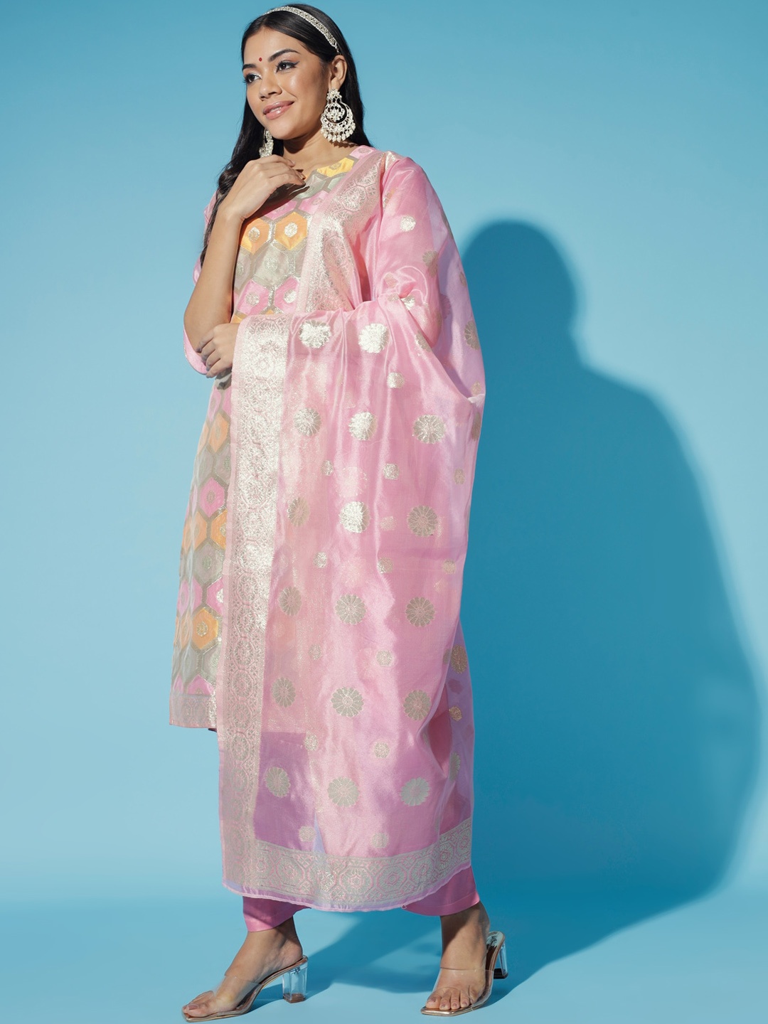 

Sangria Geometric Woven Design Straight Kurta With Trousers & Dupatta, Pink