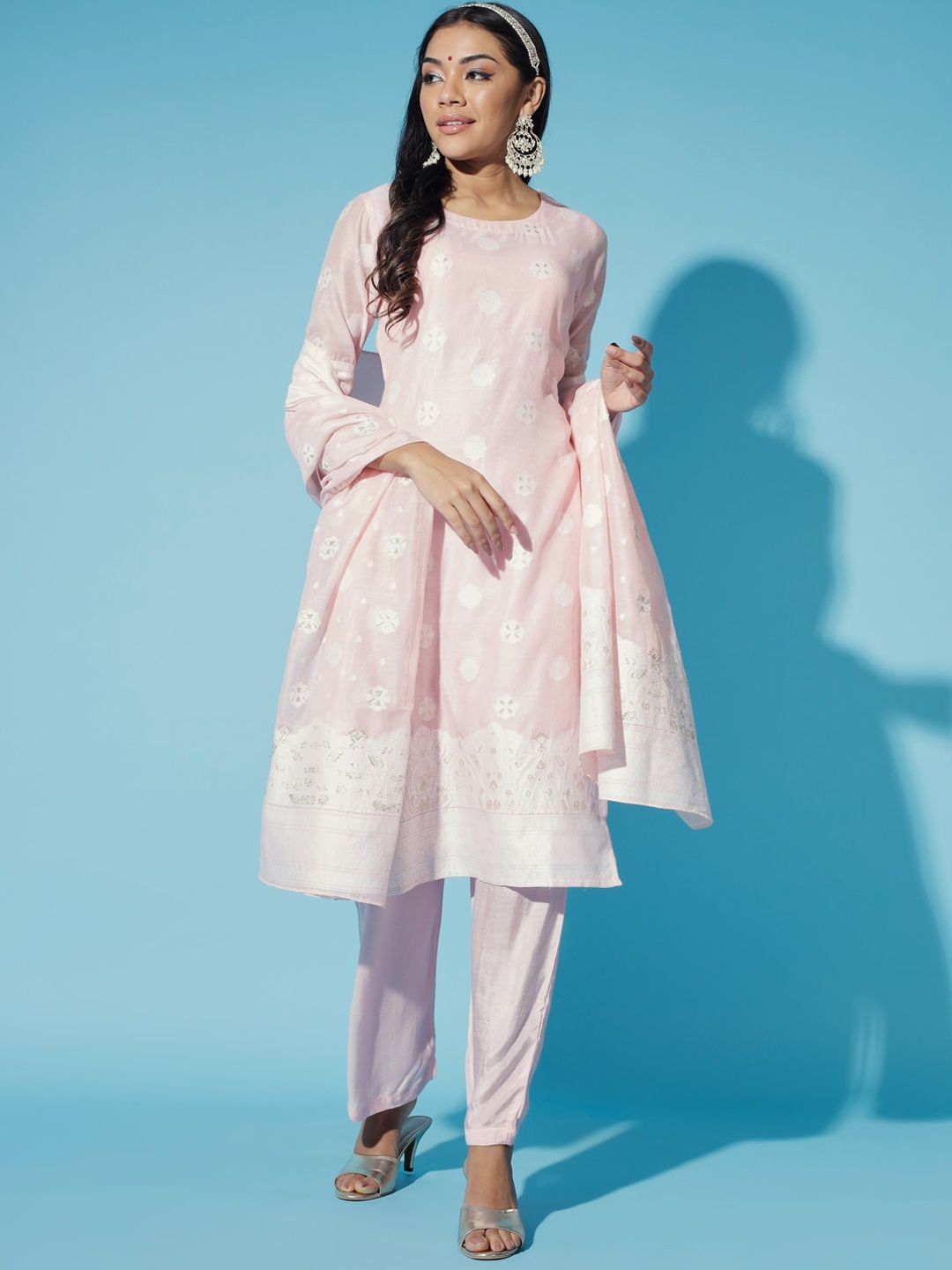 

Sangria Abstract Printed Chanderi Cotton Straight Kurta With Trousers & Dupatta, Pink