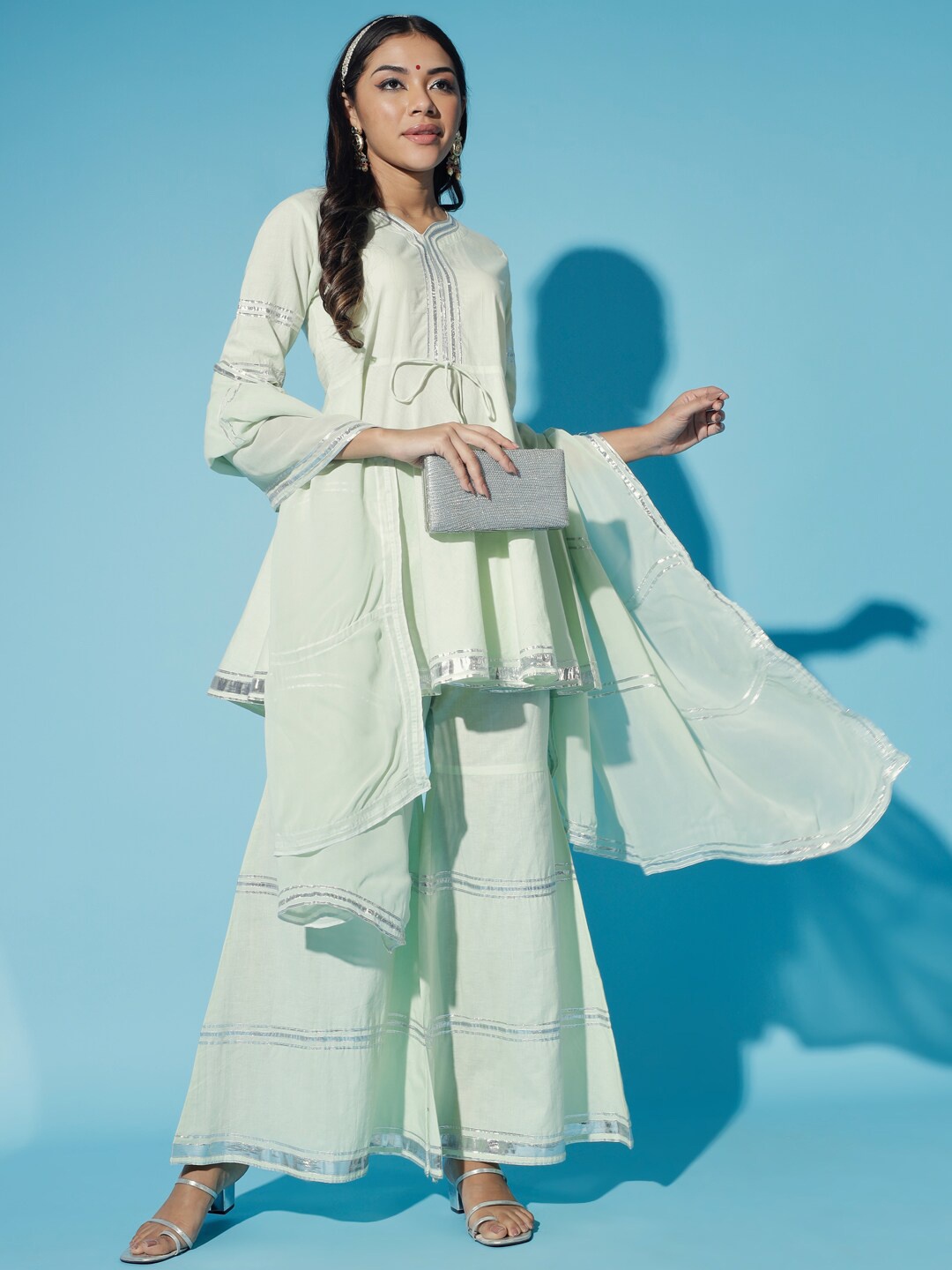 

Sangria Gotta Patti A-Line Kurti With Sharara & Dupatta, Green