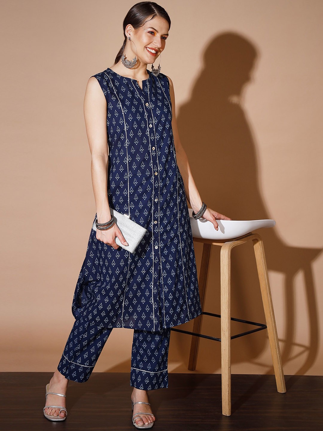 

Sangria Ethnic Motifs Printed Pure Cotton A-line Kurta With Trousers, Blue