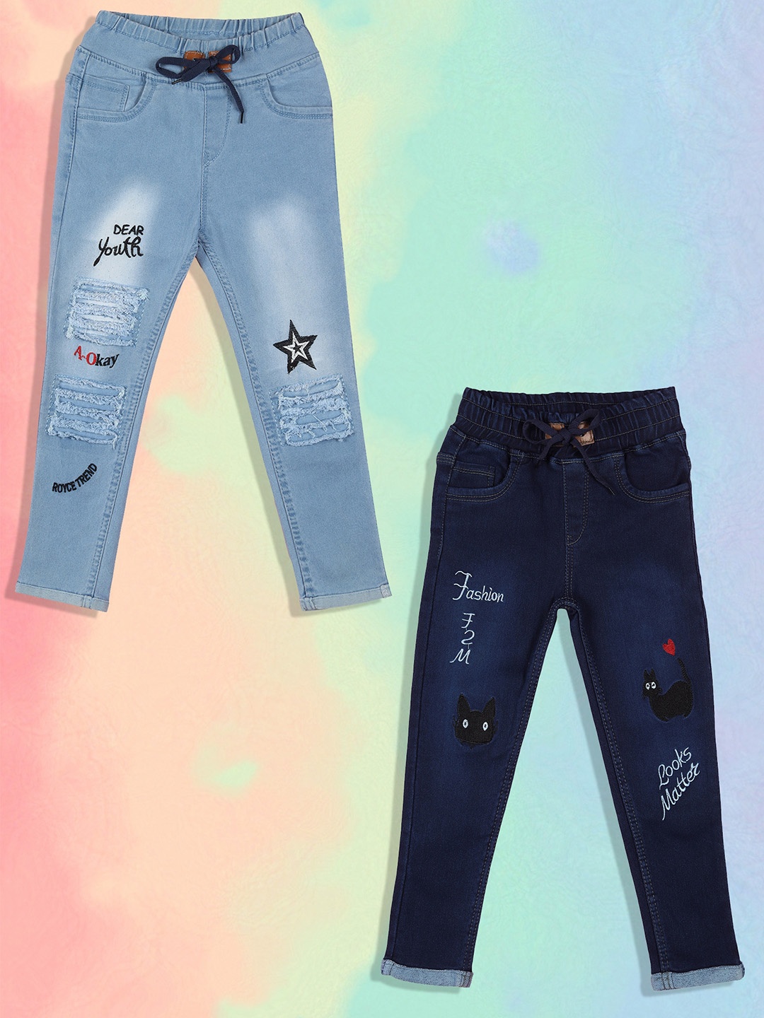 

A-Okay Boys Pack Of 2 Slim Fit High-Rise Embroidered Stretchable Jeans, Blue