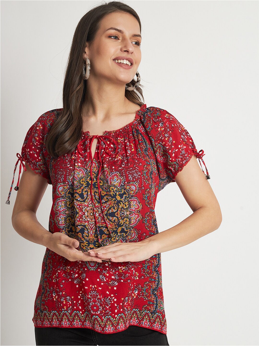

VELDRESS Floral Printed Tie-Up Neck Puff Sleeves Top, Red