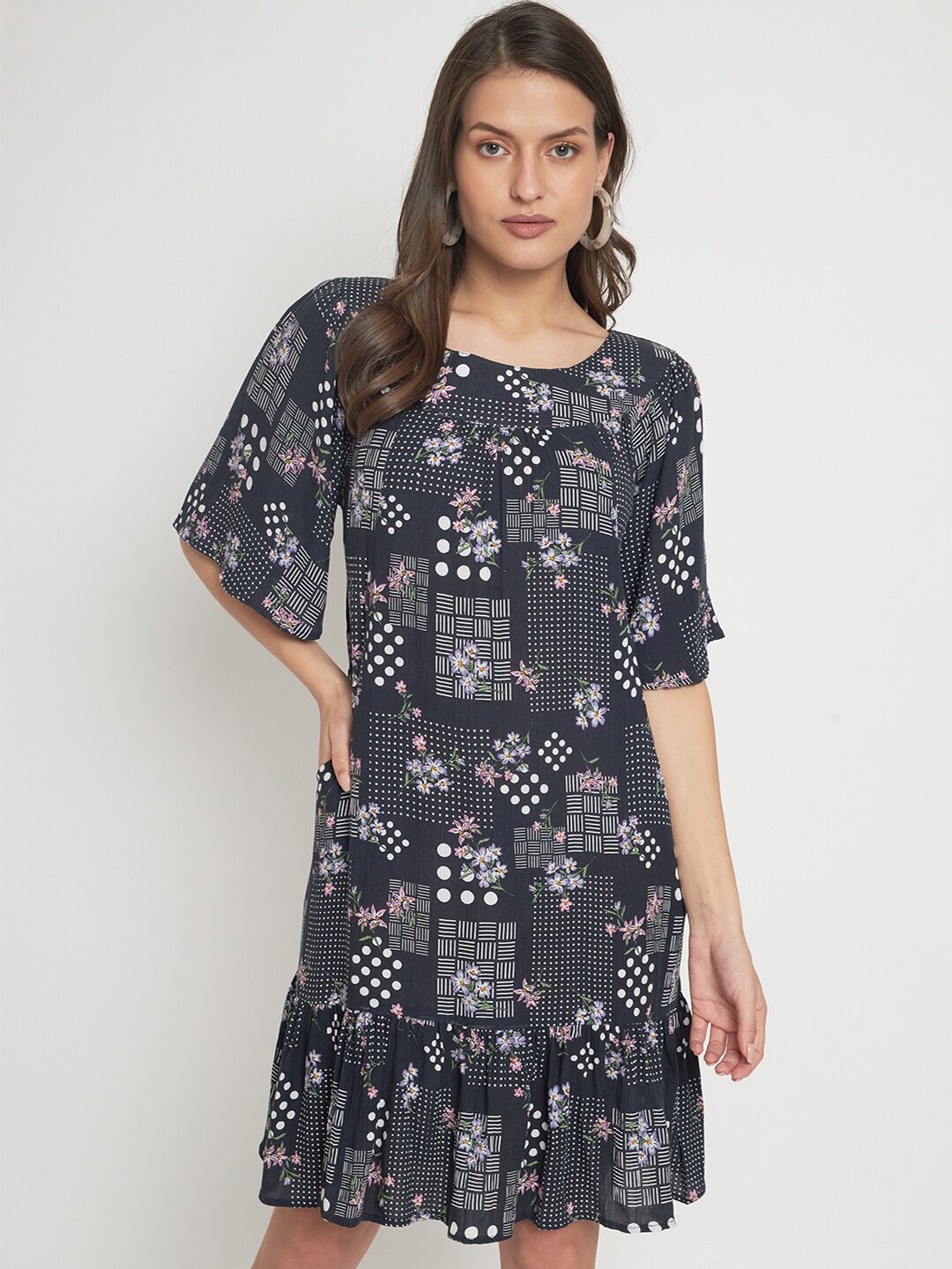 

VELDRESS Floral Printed Flared Sleeves Gathered A-Line Dress, Blue