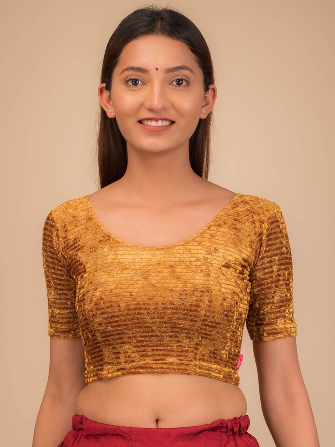 

Bindigasm's Advi Embellished Velvet Readymade Saree Blouse, Tan
