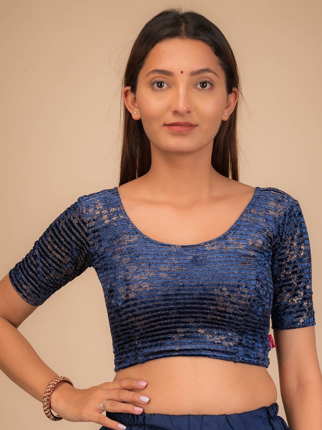 

Bindigasm's Advi Embellished Velvet Readymade Saree Blouse, Navy blue