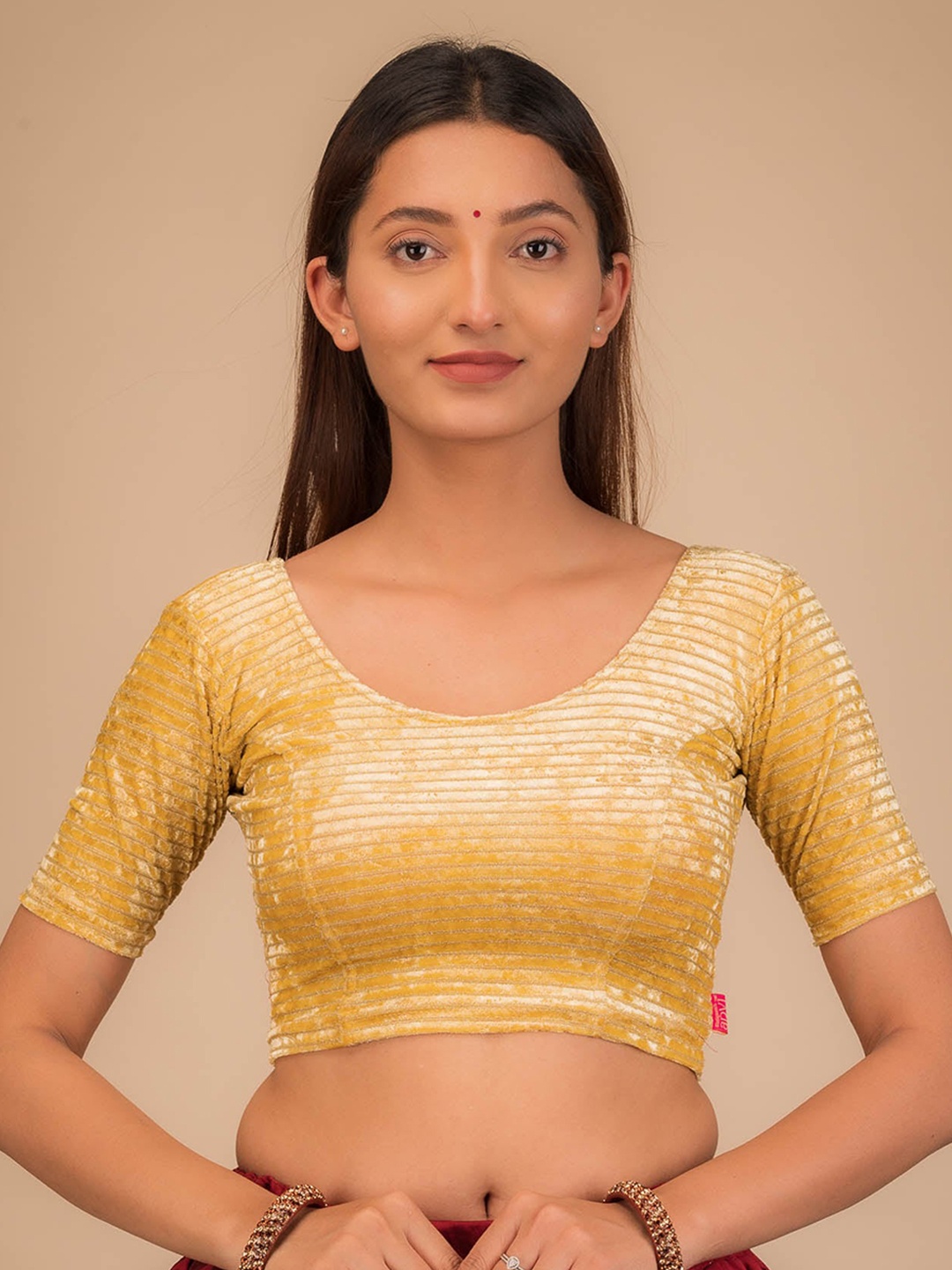 

Bindigasm's Advi Embellished Velvet Readymade Saree Blouse, Beige