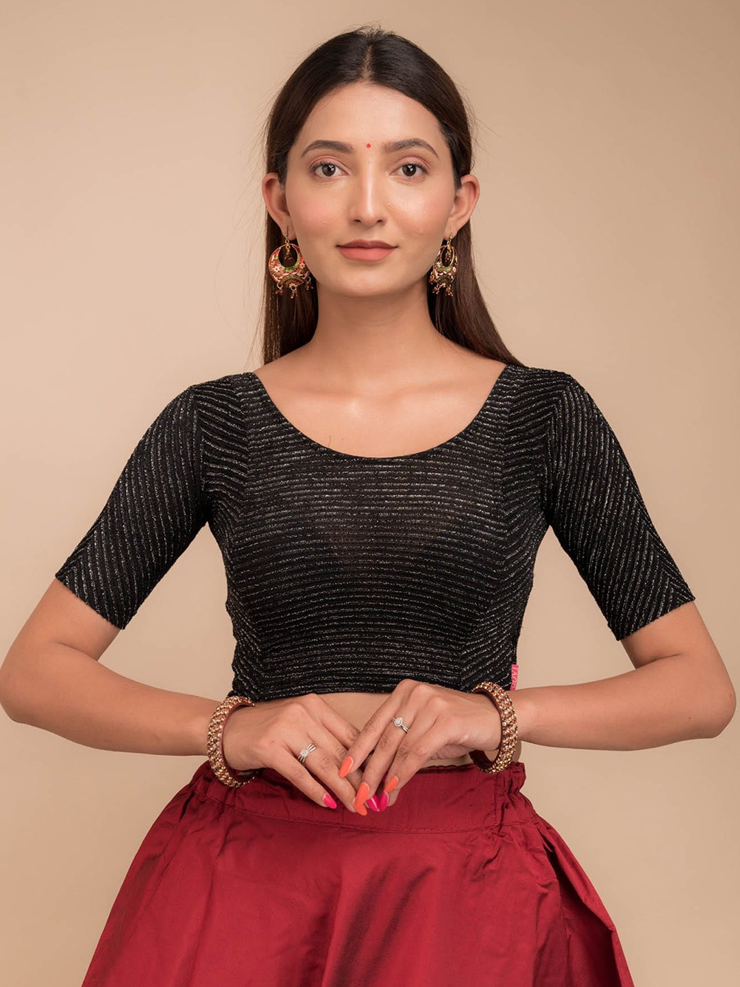 

Bindigasm's Advi Striped Readymade Saree Blouse, Black