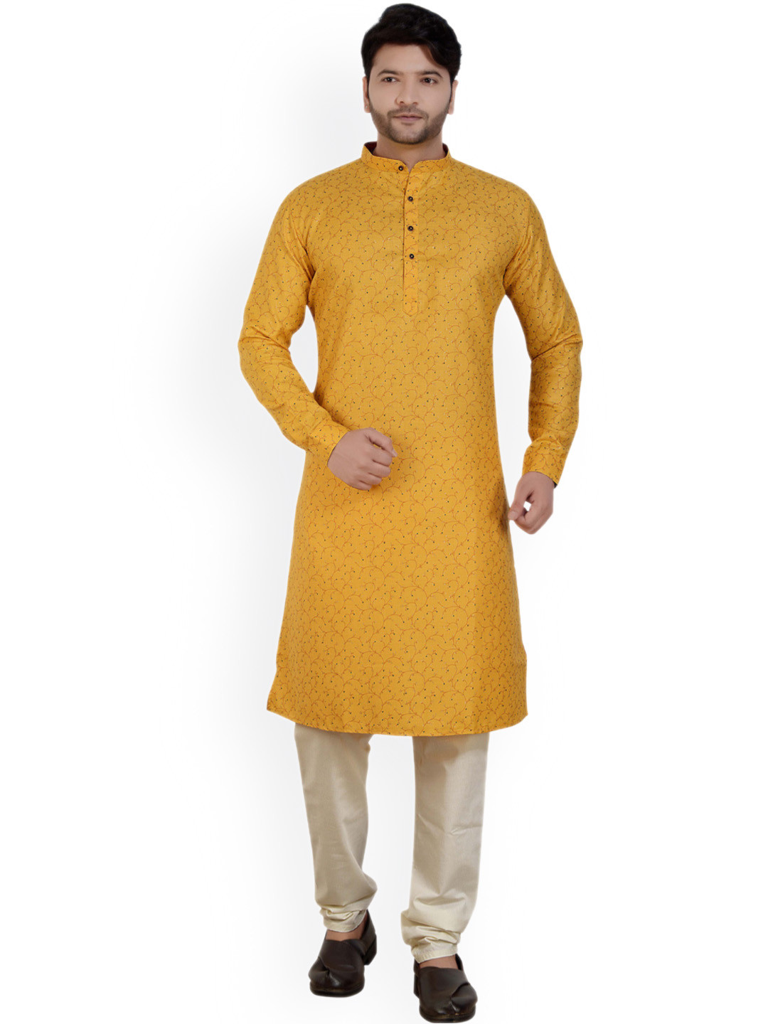 

ARRUGA Floral Printed Band Collar Kurta With Pyjamas, Yellow