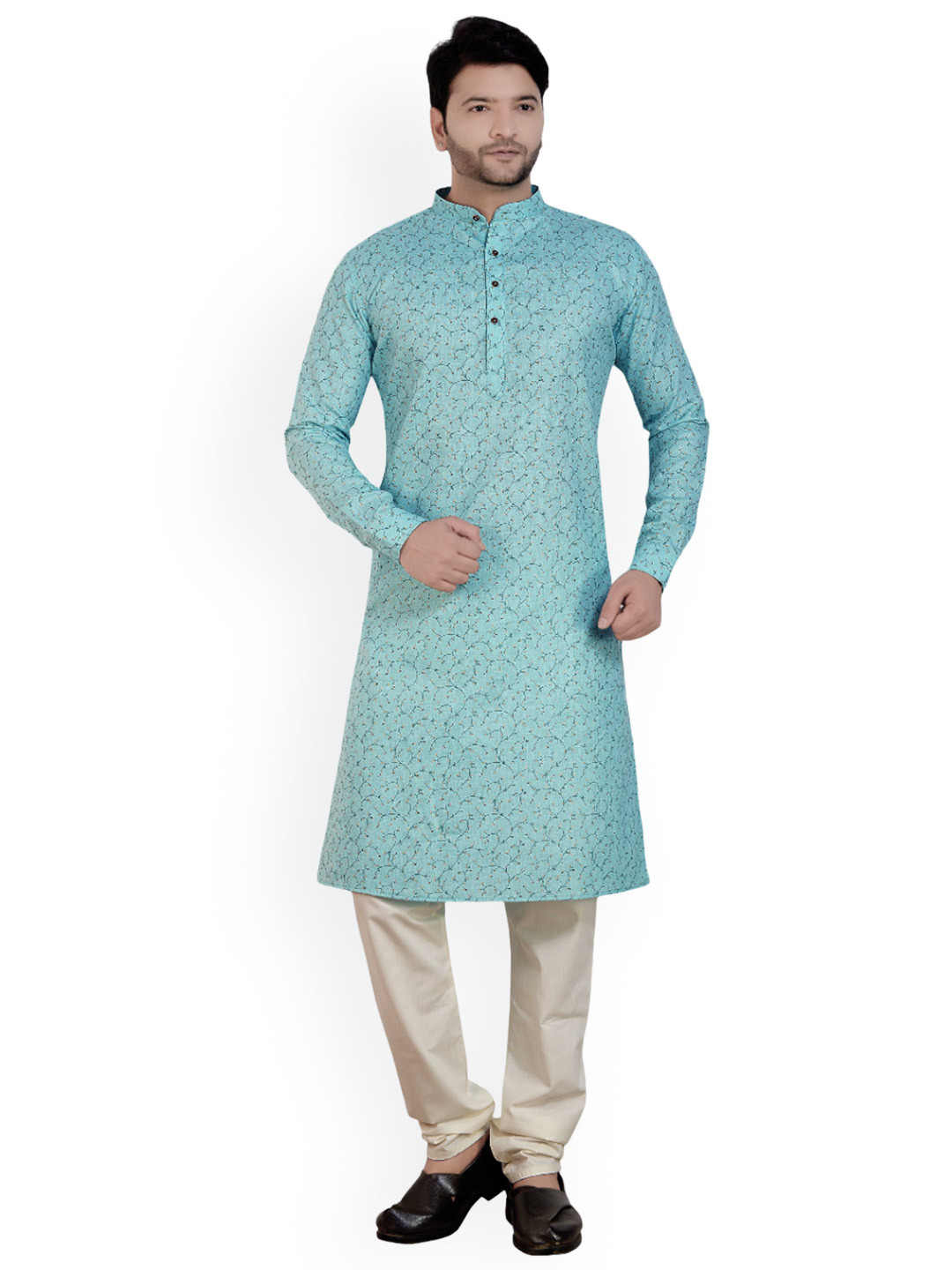 

ARRUGA Floral Printed Band Collar Kurta With Pyjamas, Blue