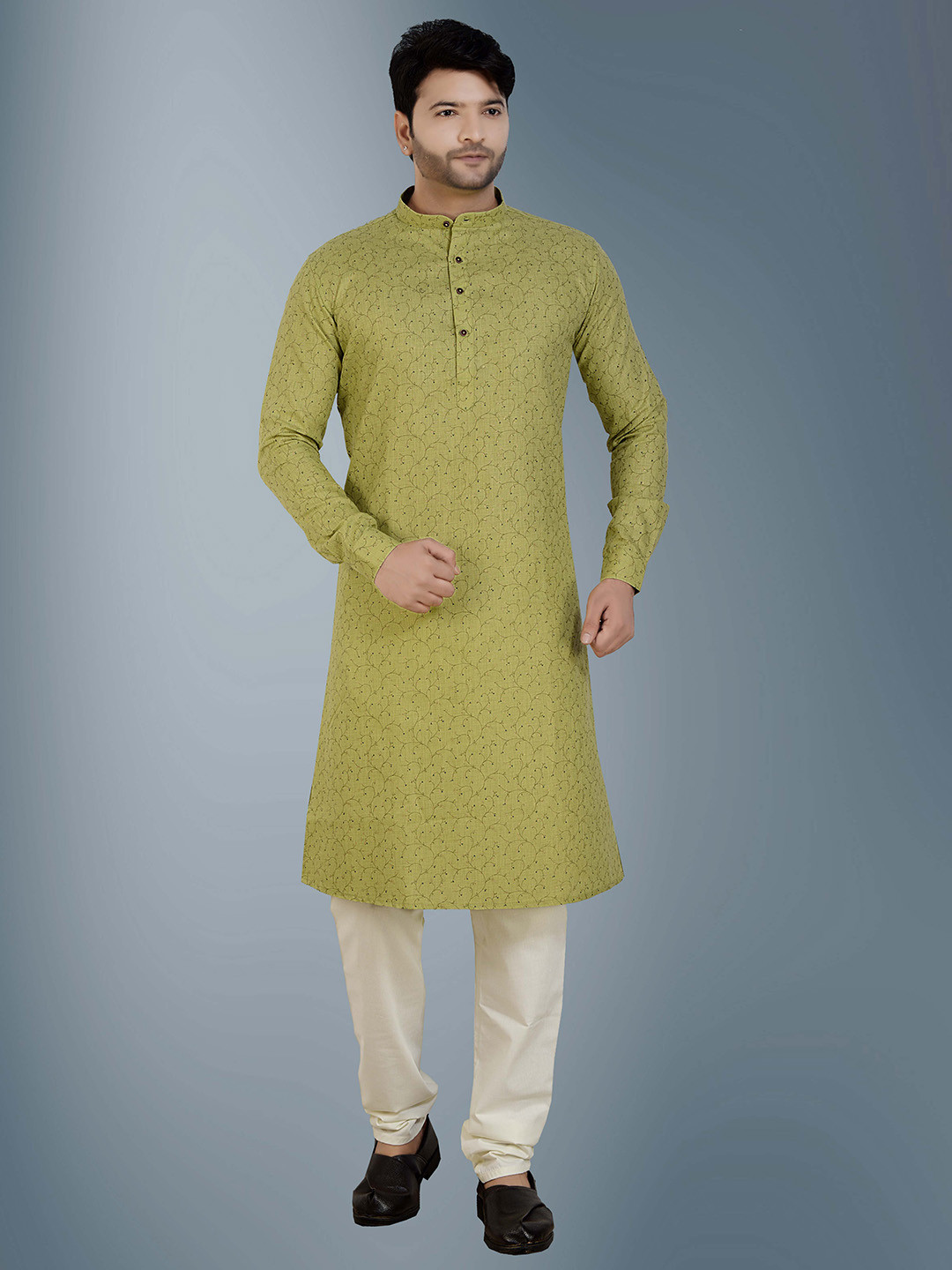 

ARRUGA Floral Printed Band Collar Kurta With Pyjamas, Green