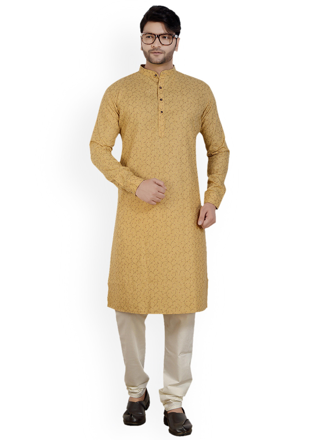 

ARRUGA Floral Printed Band Collar Kurta With Pyjamas, Beige