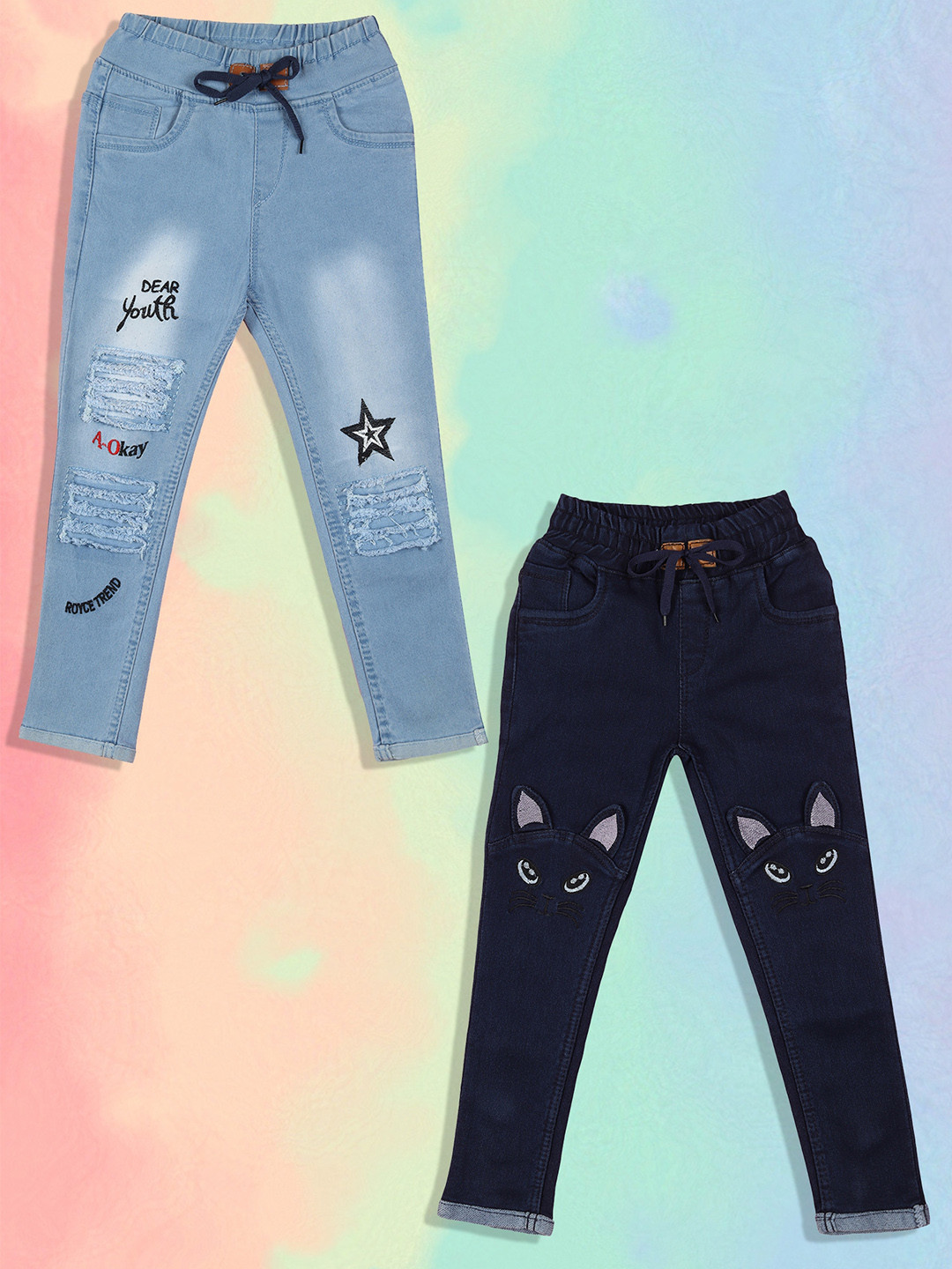 

A-Okay Kids Pack Of 2 Slim Fit High-Rise Mildly Distressed Embroidered Jeans, Blue