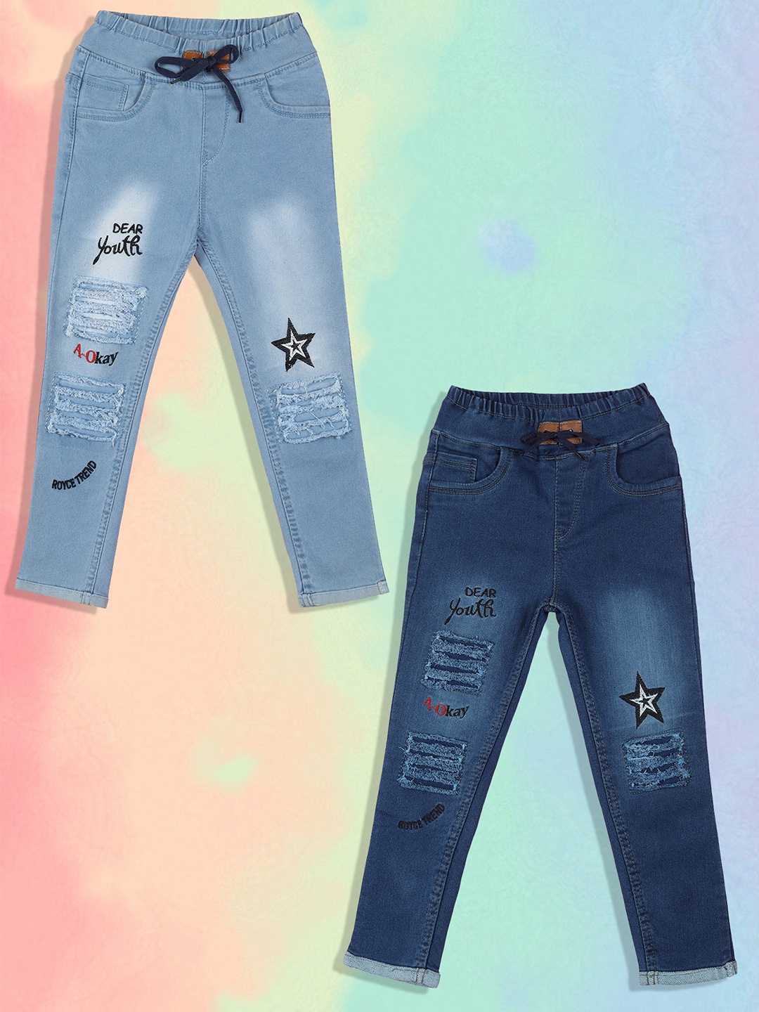 

A-Okay Kids Pack Of 2 Slim Fit High-Rise Mildly Distressed Embroidered Jeans, Blue