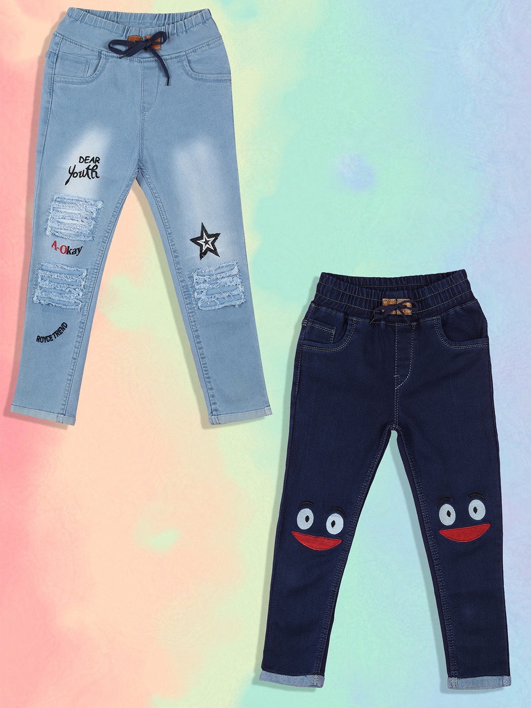 

A-Okay Kids Pack Of 2 Slim Fit High-Rise Mildly Distressed Embroidered Jeans, Blue