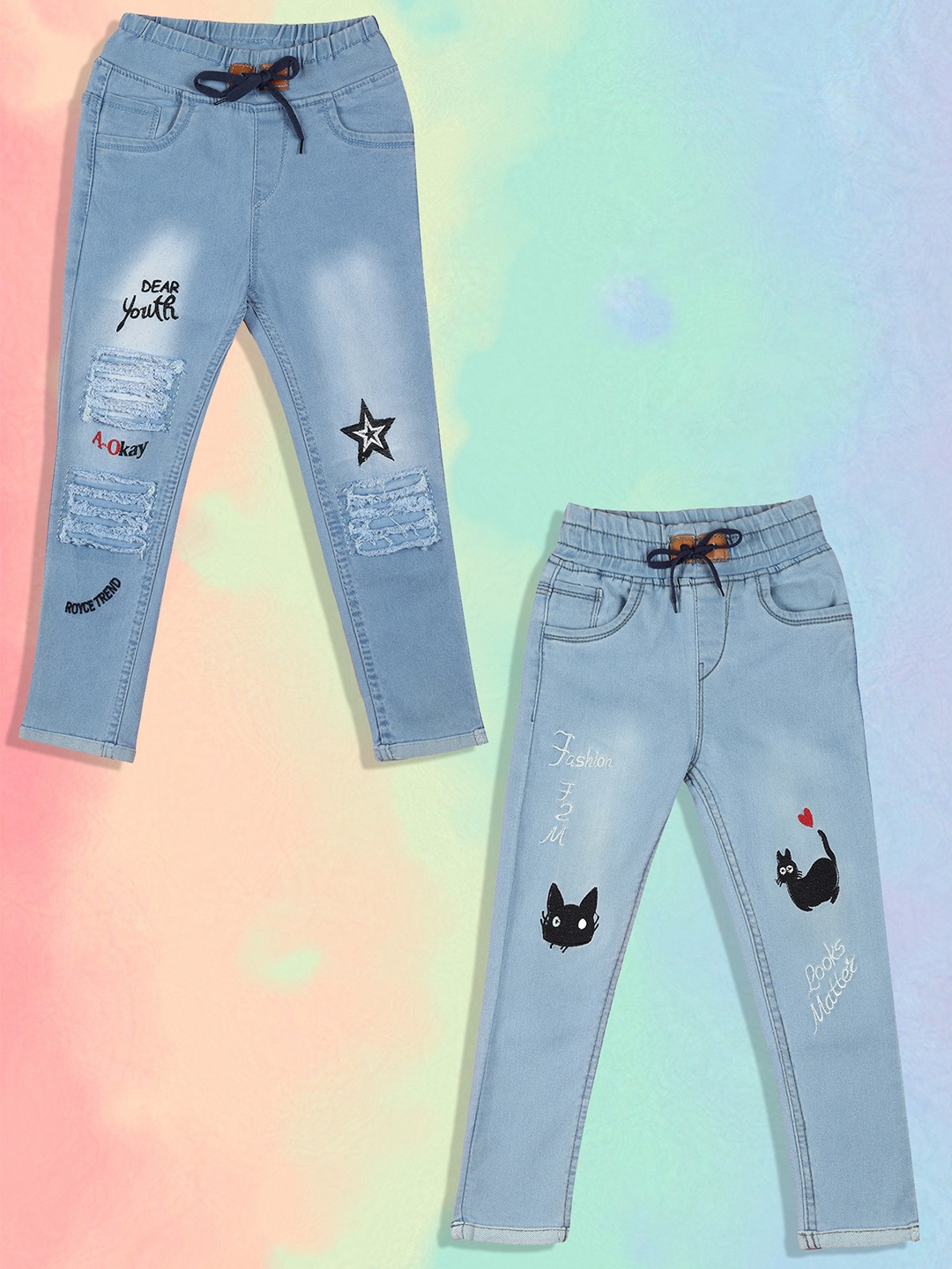

A-Okay Kids Pack Of 2 Slim Fit High-Rise Mildly Distressed Embroidered Jeans, Blue