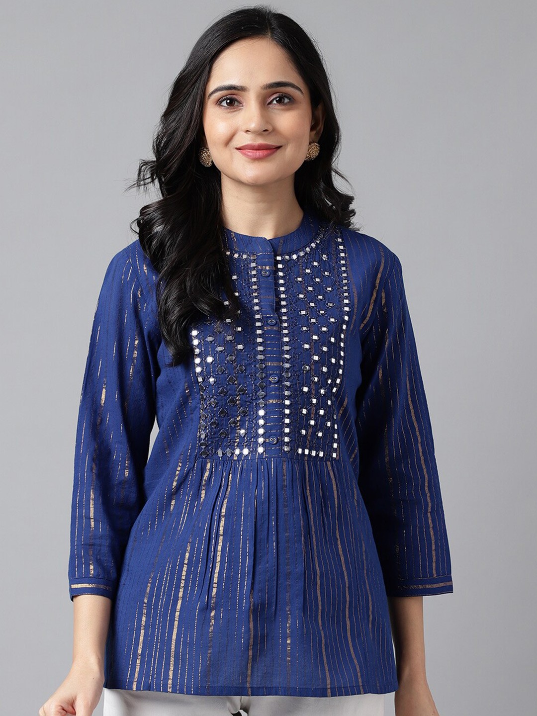 

Neemiya Striped Mirror Work Cotton Top, Blue