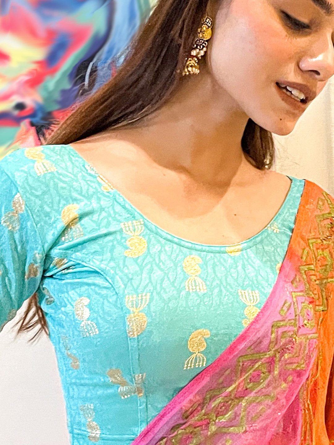 

Bindigasm's Advi Printed Stretchable Saree Blouse, Turquoise blue
