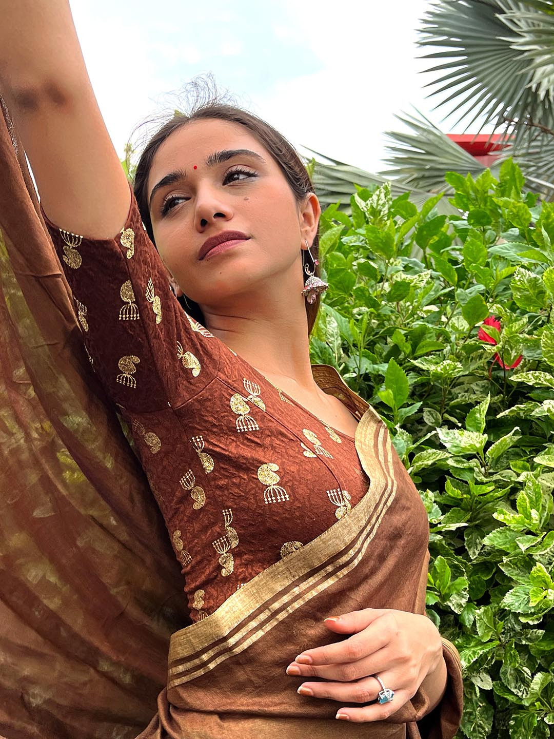 

Bindigasm's Advi Printed Stretchable Saree Blouse, Coffee brown