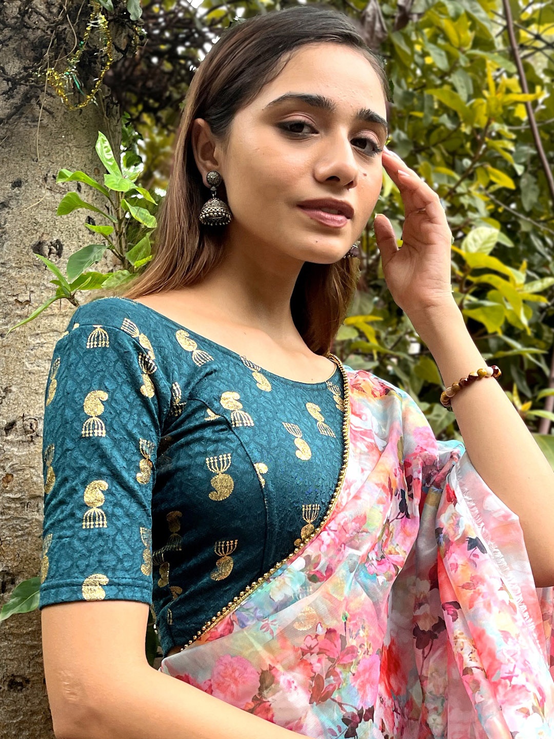 

Bindigasm's Advi Printed Stretchable Saree Blouse, Teal