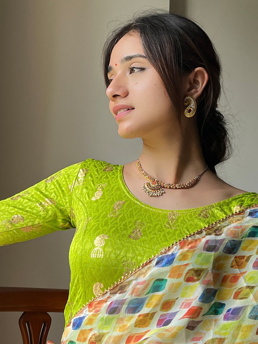 

Bindigasm's Advi Printed Stretchable Saree Blouse, Green