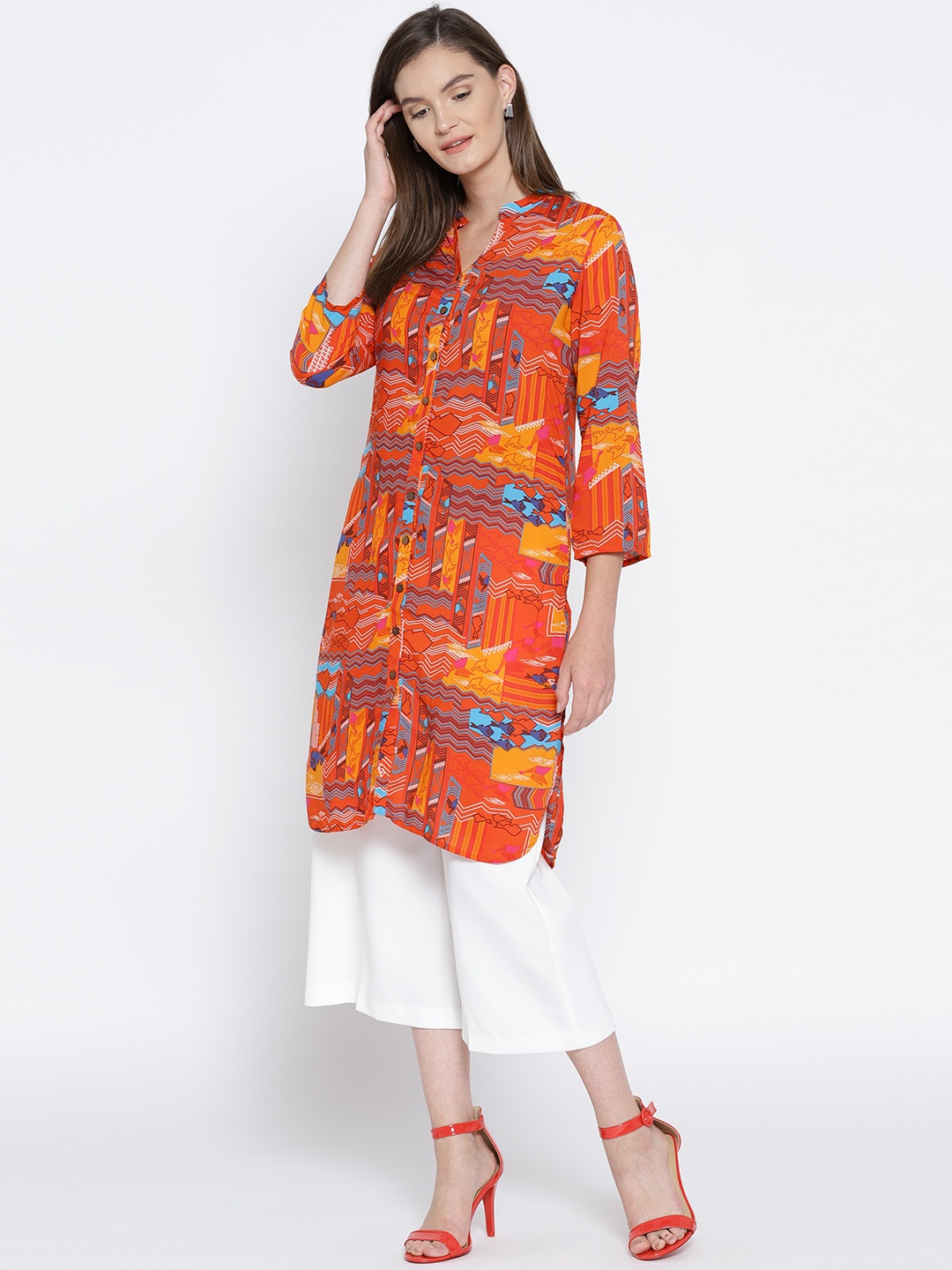 

Global Desi Women Red & Orange Printed Straight Kurta