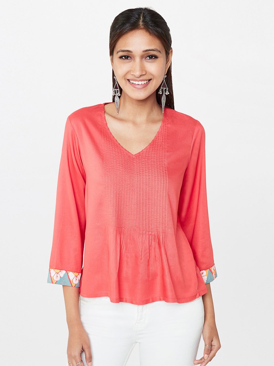

Global Desi Women Coral Pink Solid Top