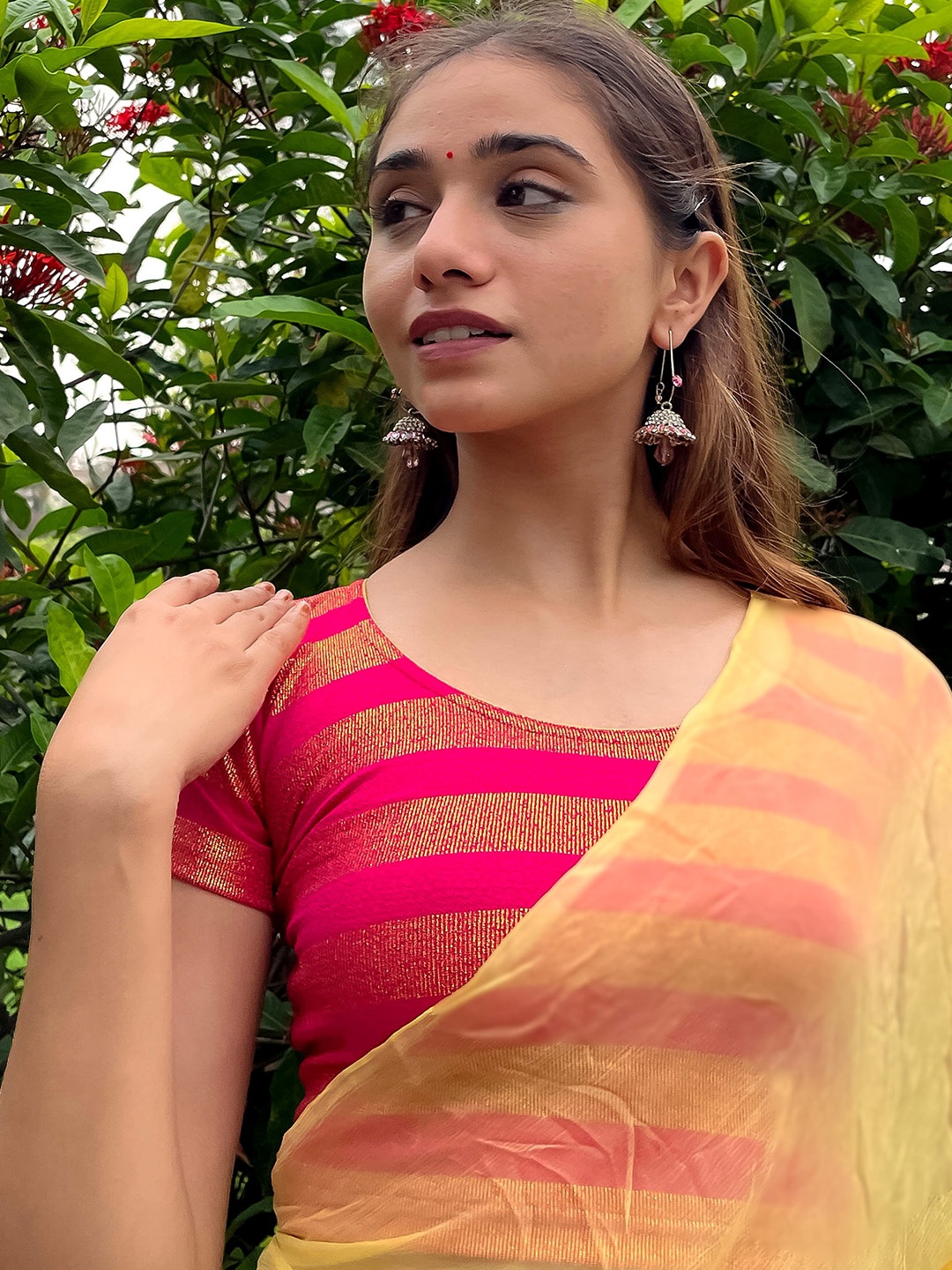 

Bindigasm's Advi Printed Stretchable Saree Blouse, Pink