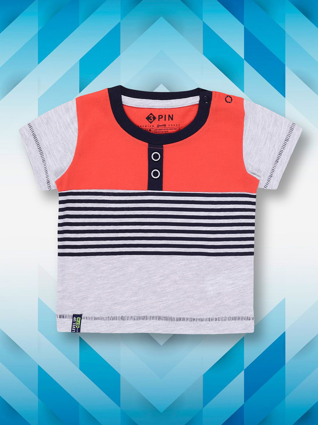 

3PIN Boys Striped Round Neck Cotton Casual T-shirt, Grey melange