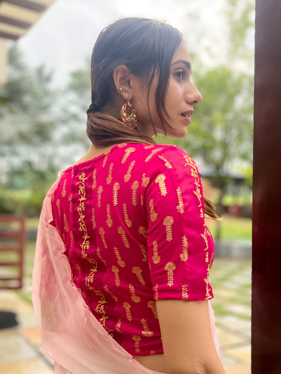 

Bindigasm's Advi Embroidered Stretchable Saree Blouse, Pink