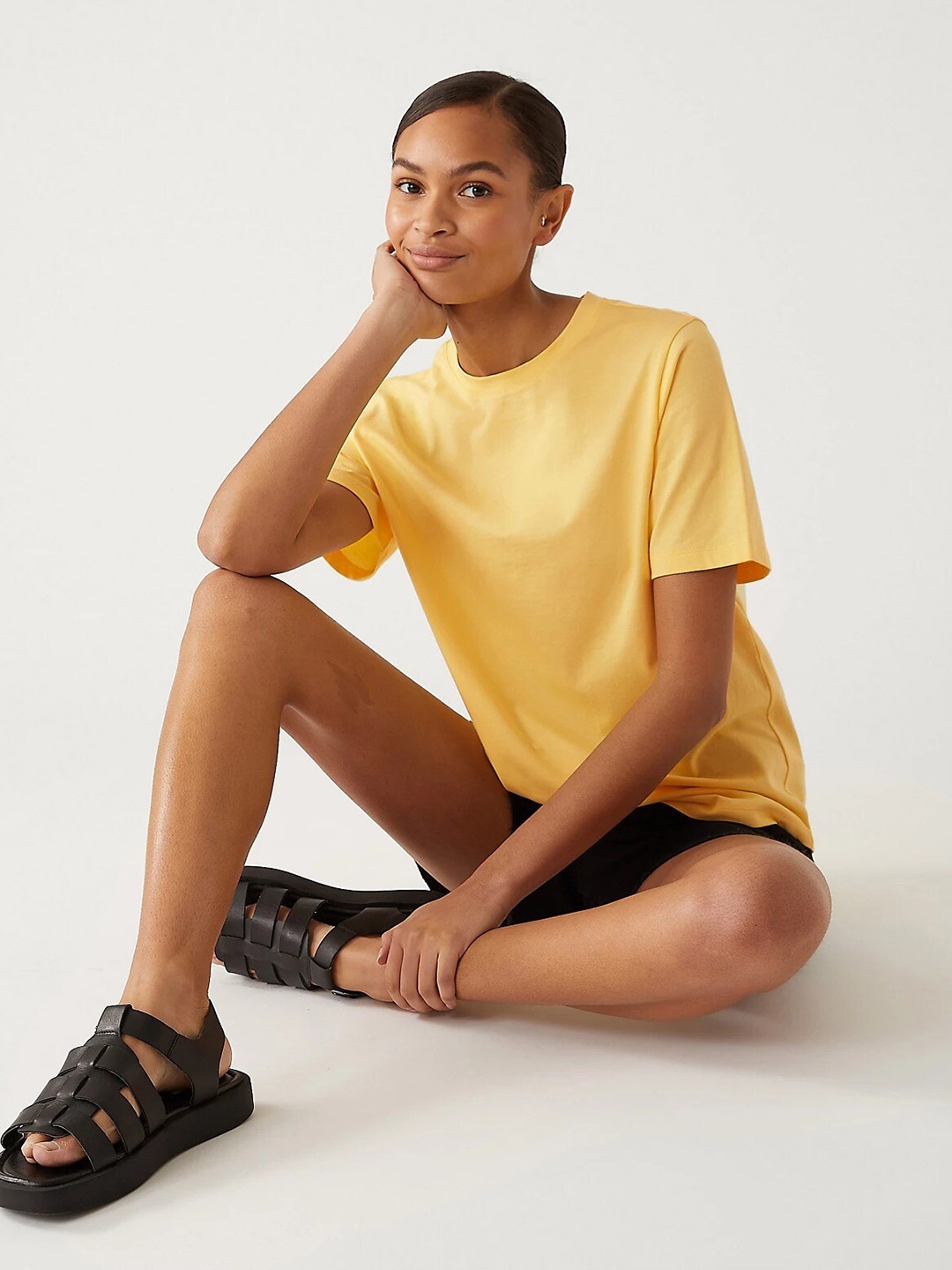 

Marks & Spencer Round Neck Knitted Cotton T-shirt, Yellow