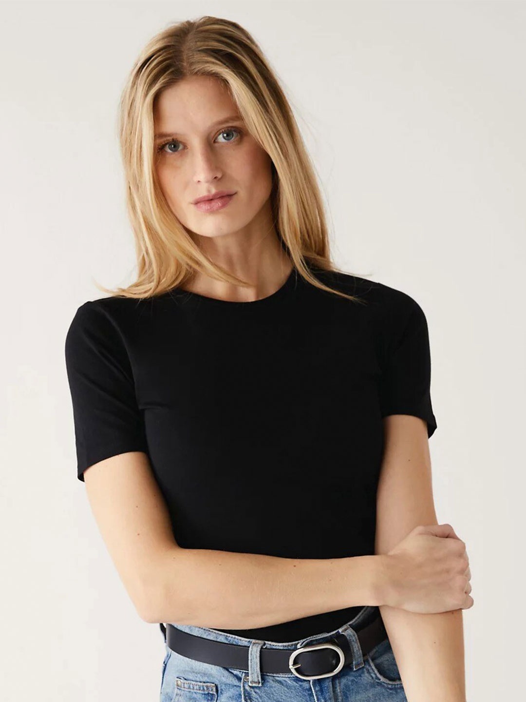 

Marks & Spencer Round Neck Knitted Cotton T-shirt, Black