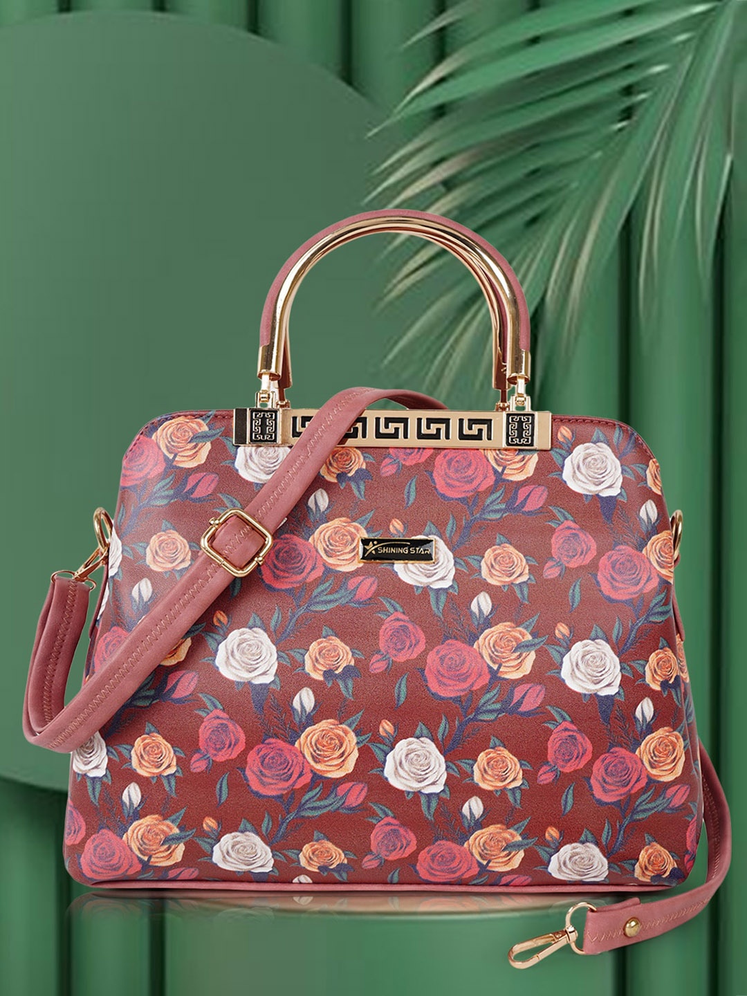 

SHINING STAR Floral Printed Structured Handheld Bag, Pink