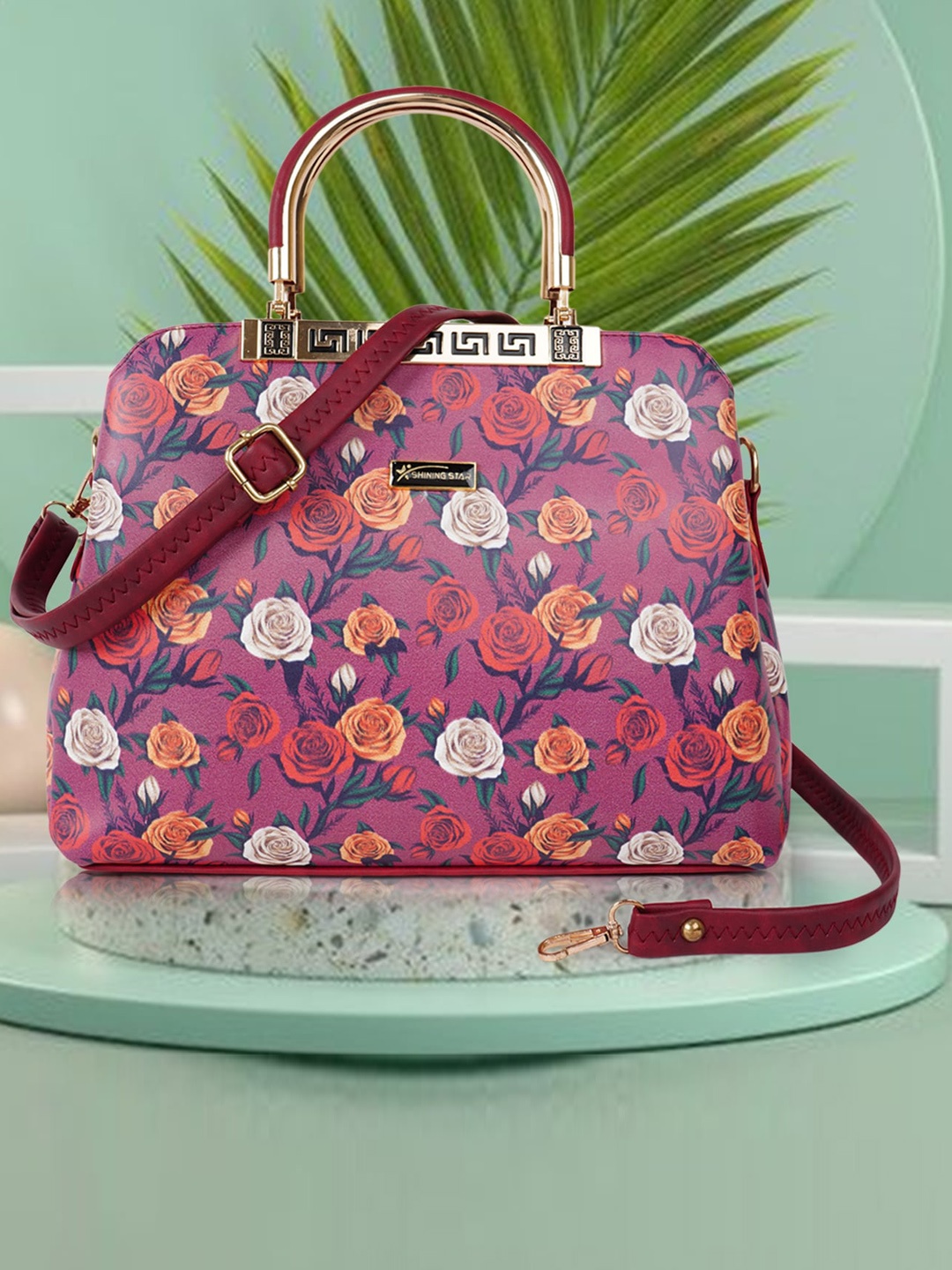 

SHINING STAR Floral Printed Structured Handheld Bag, Pink