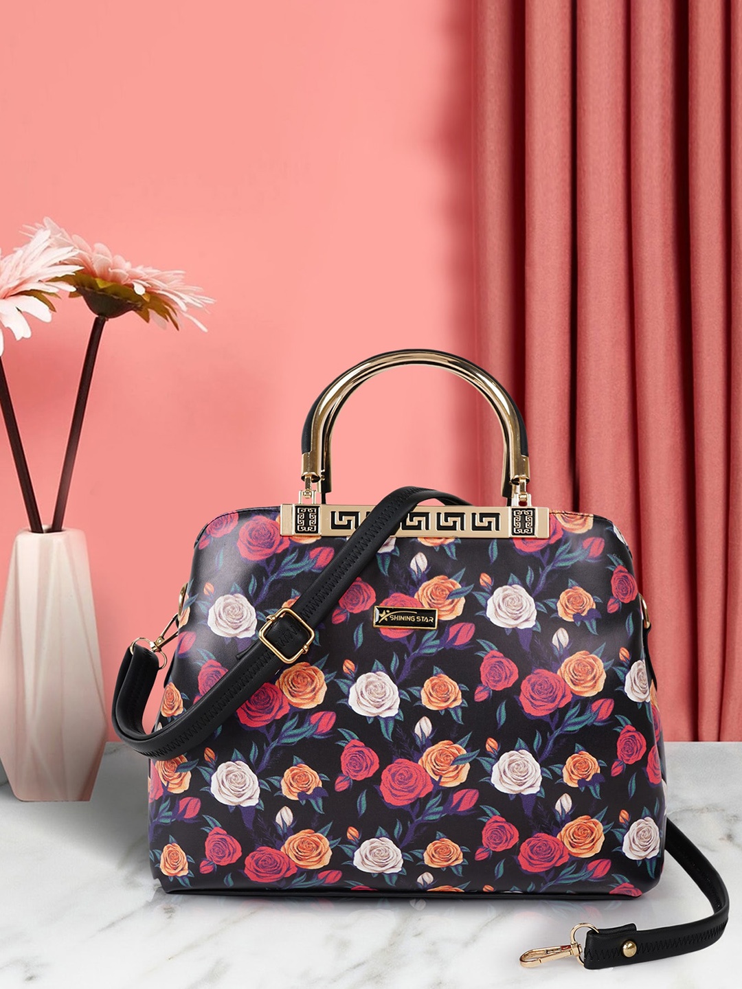 

SHINING STAR Floral Printed PU Bucket Handheld Bag, Black