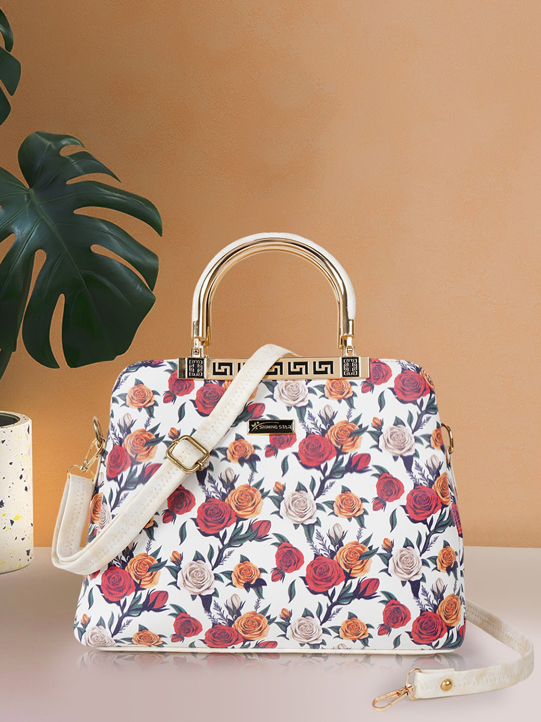 

SHINING STAR Floral Printed PU Bucket Handheld Bag, White