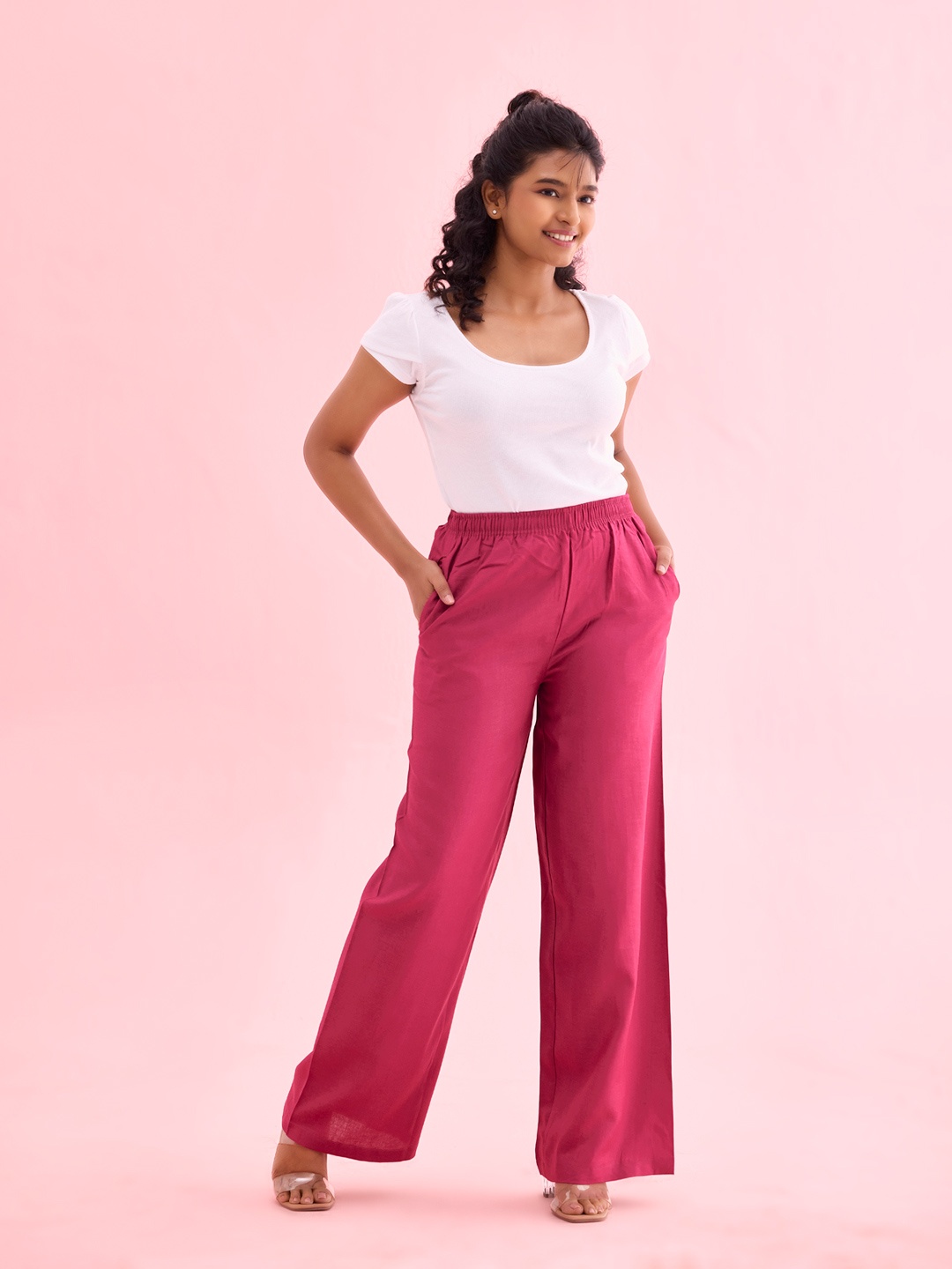 

Go Colors Women Red Linen Palazzos