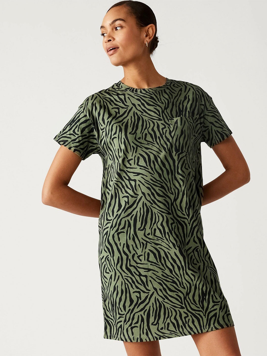 

Marks & Spencer Animal Printed Pure Cotton T-Shirt Dress, Green