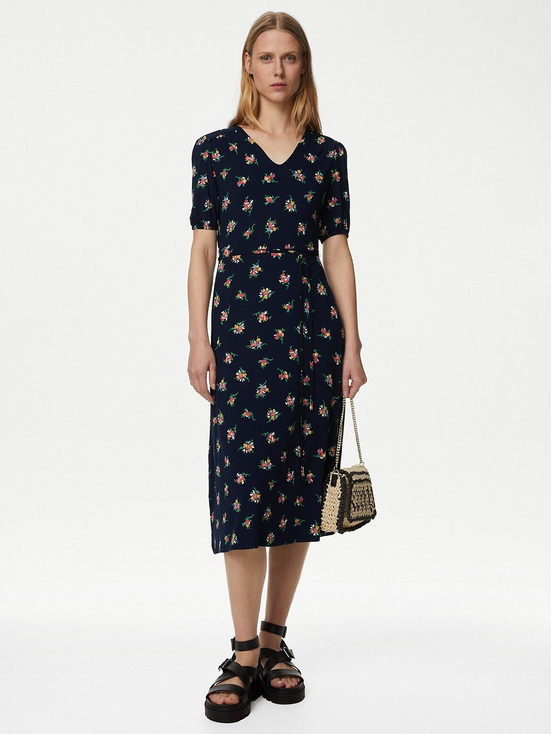 

Marks & Spencer Floral Printed V-Neck Puff Sleeves A-Line Midi Dress, Navy blue