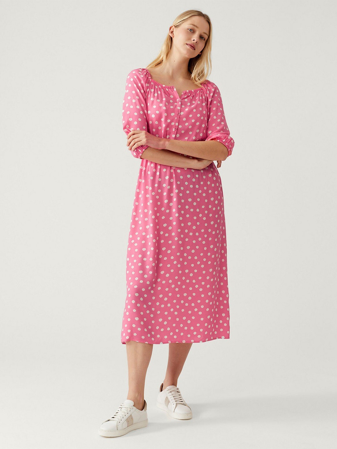 

Marks & Spencer Pink Polka Dots Printed Puff Sleeves A-Line Midi Dress