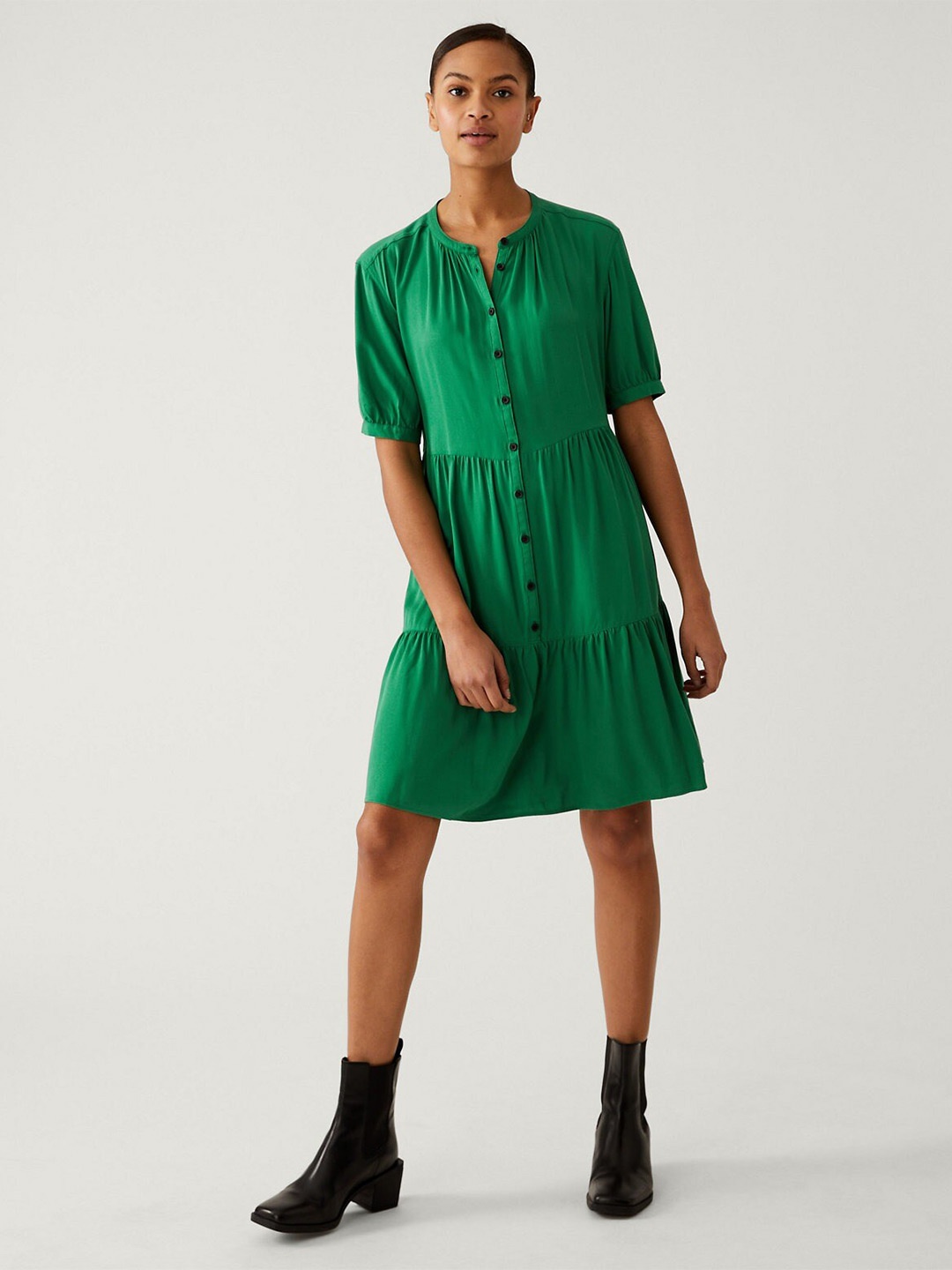 

Marks & Spencer Band Collar Puff Sleeves Tiered A-Line Dress, Green