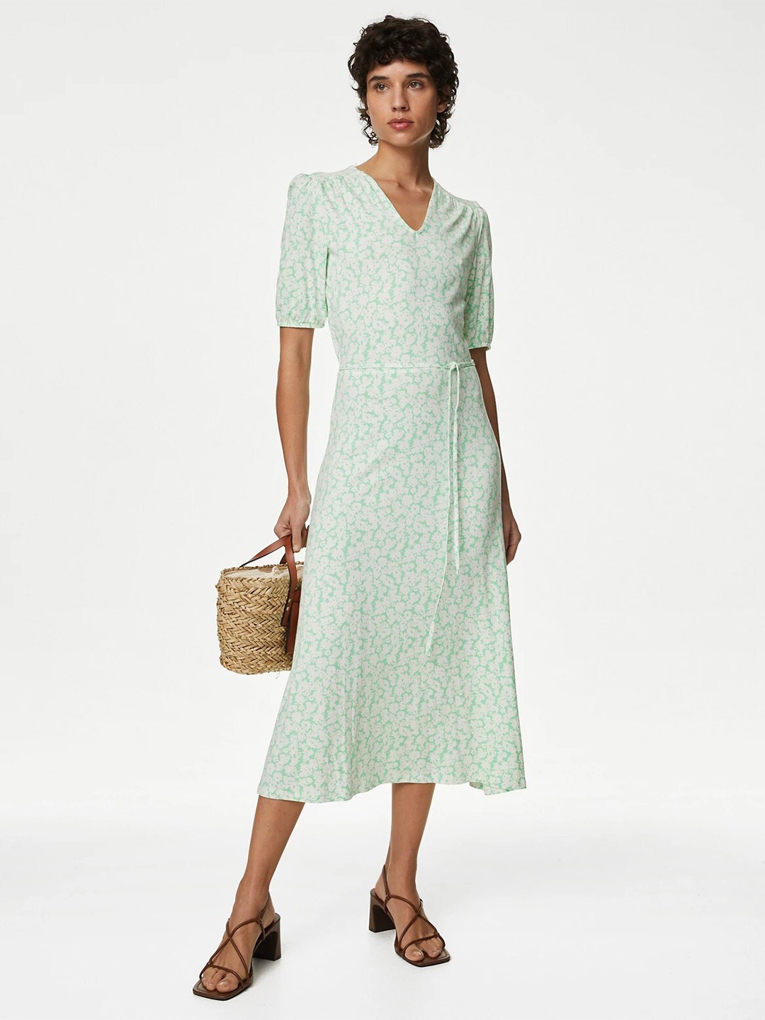 

Marks & Spencer Floral Printed Belted V-Neck Puff Sleeves A-Line Midi Dress, Green