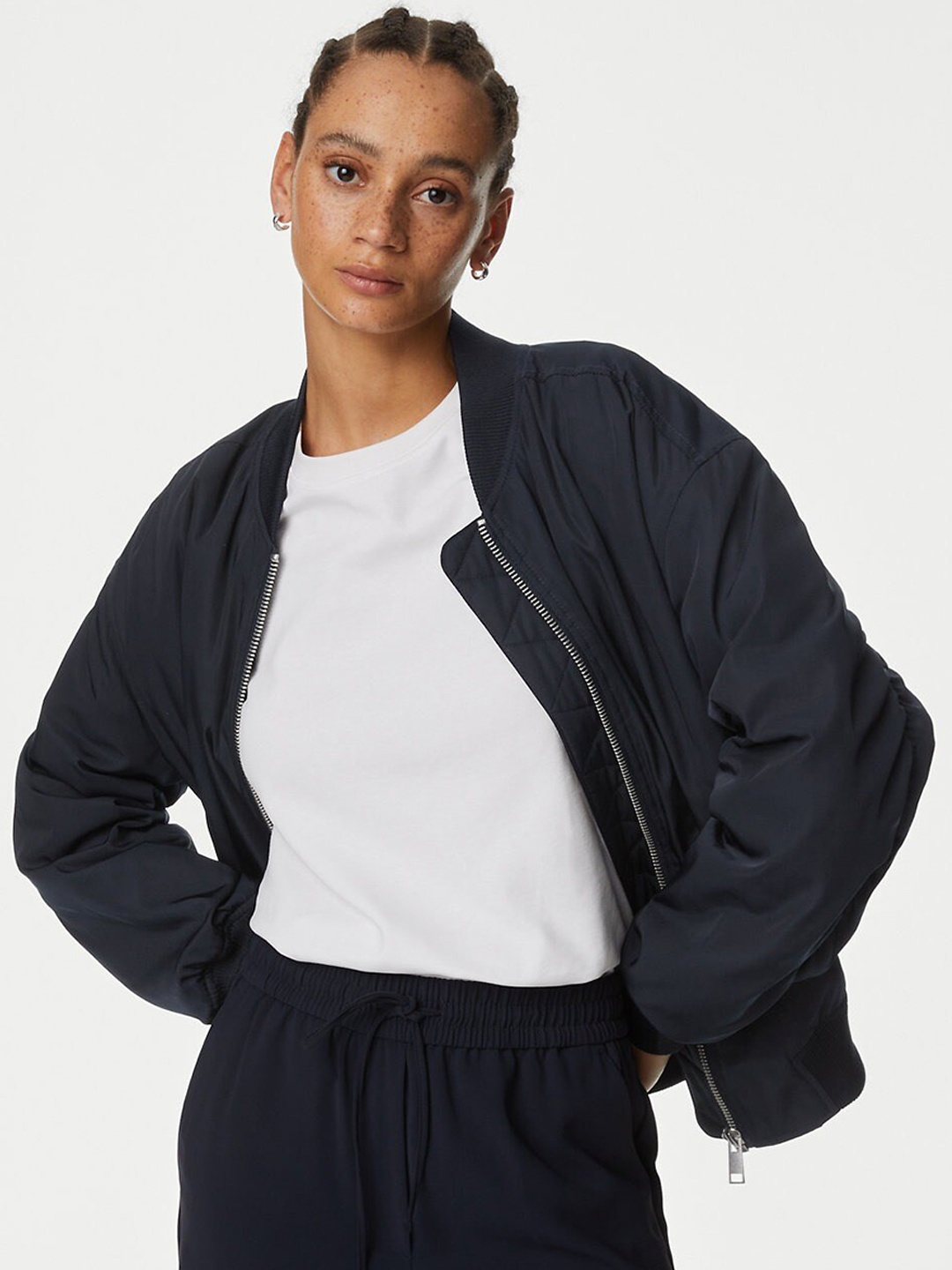 

Marks & Spencer Stand Collar Lightweight Longline Tailored Jacket, Navy blue