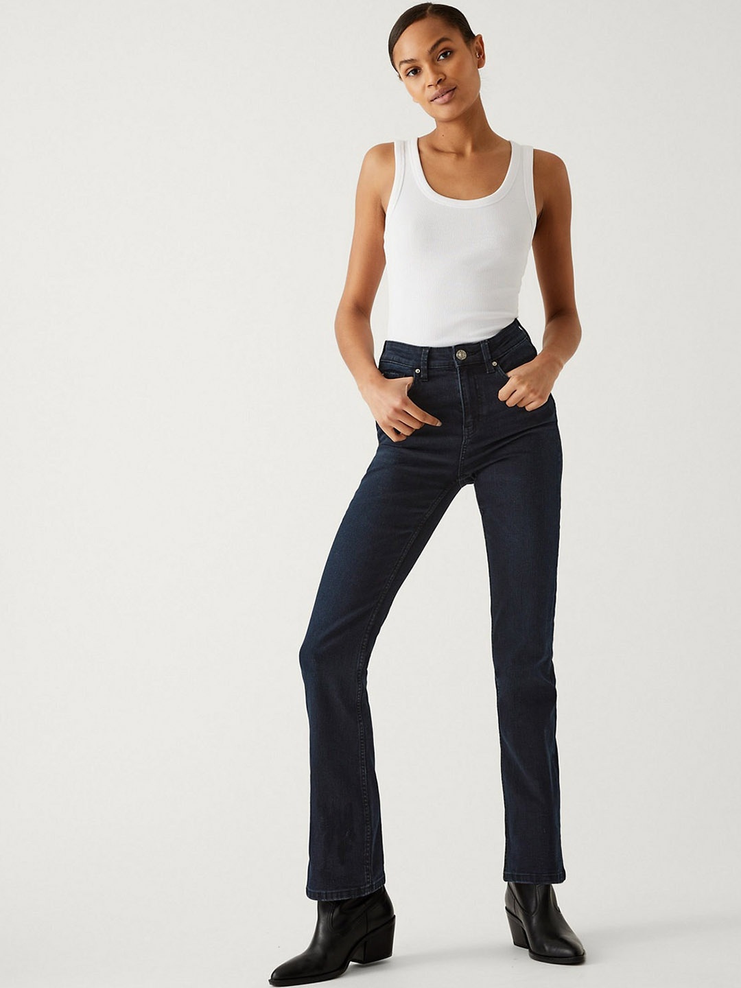 

Marks & Spencer Women Bootcut High-Rise Clean Look Stretchable Jeans, Navy blue