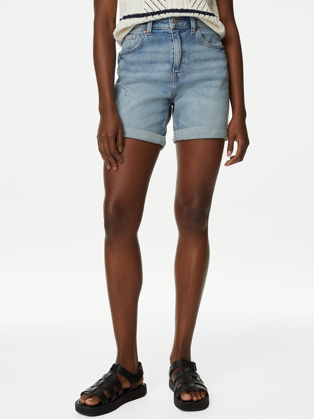 

Marks & Spencer Women Washed High-Rise Denim Shorts, Blue