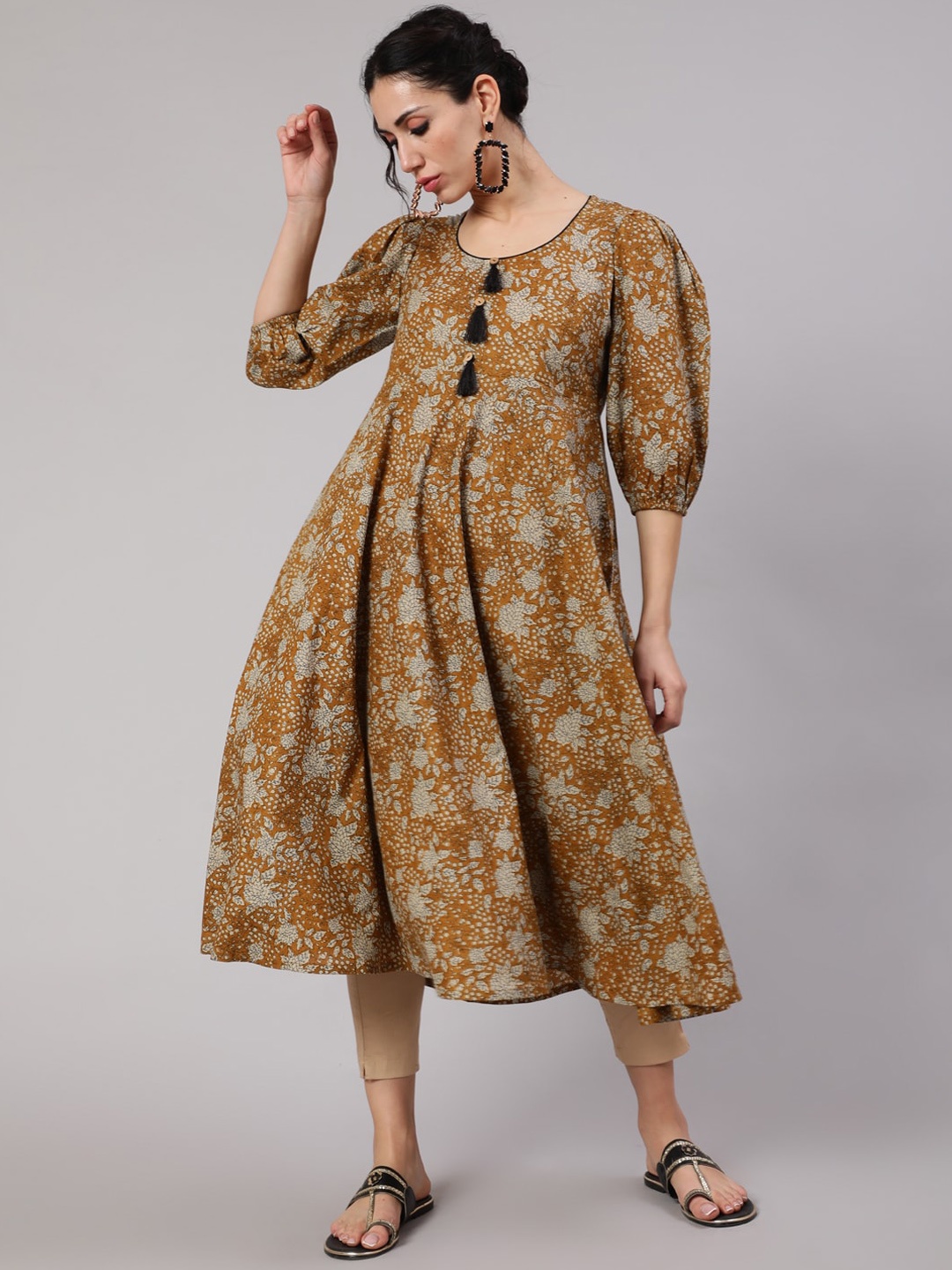

AKS Floral Printed Puff Sleeves Cotton Anarkali Kurta, Mustard