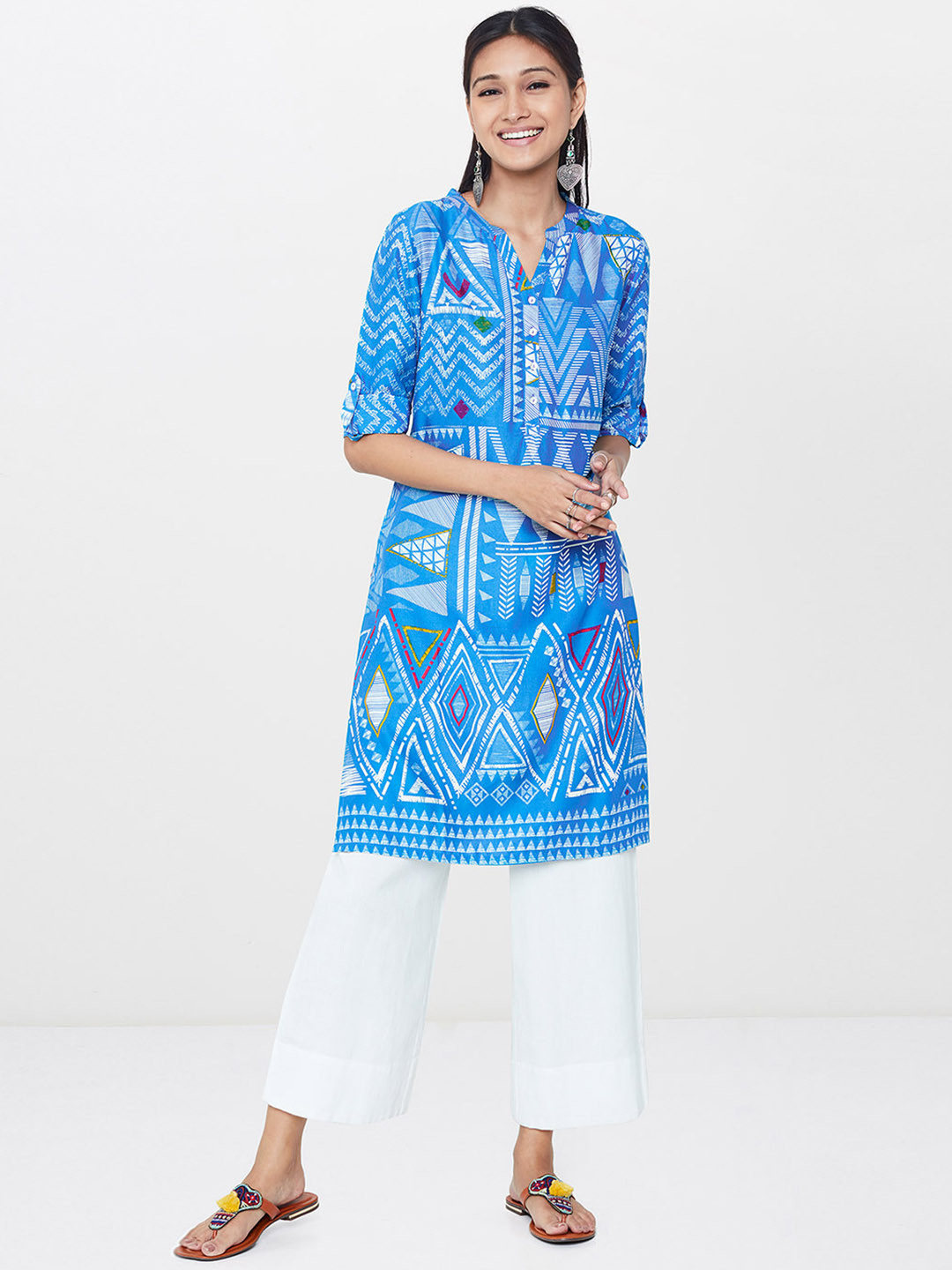 

Global Desi Women Blue and White Printed A-Line Kurta