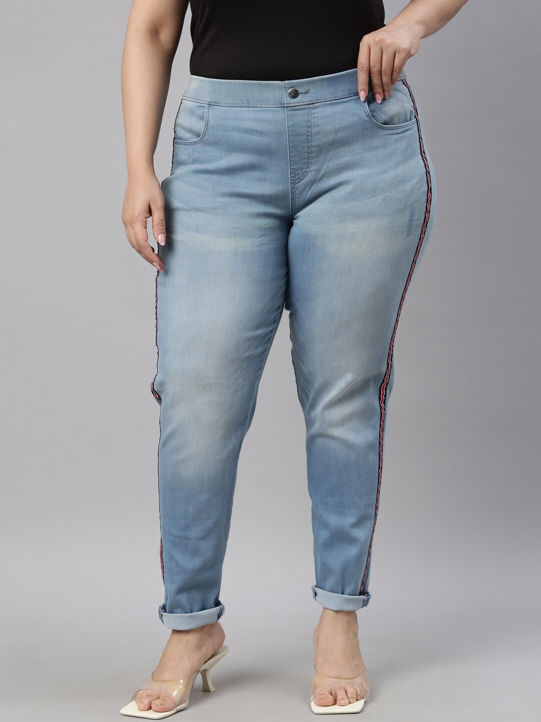 

Go Colors Plus Size Women Slim Fit Striped Denim Jeggings, Blue